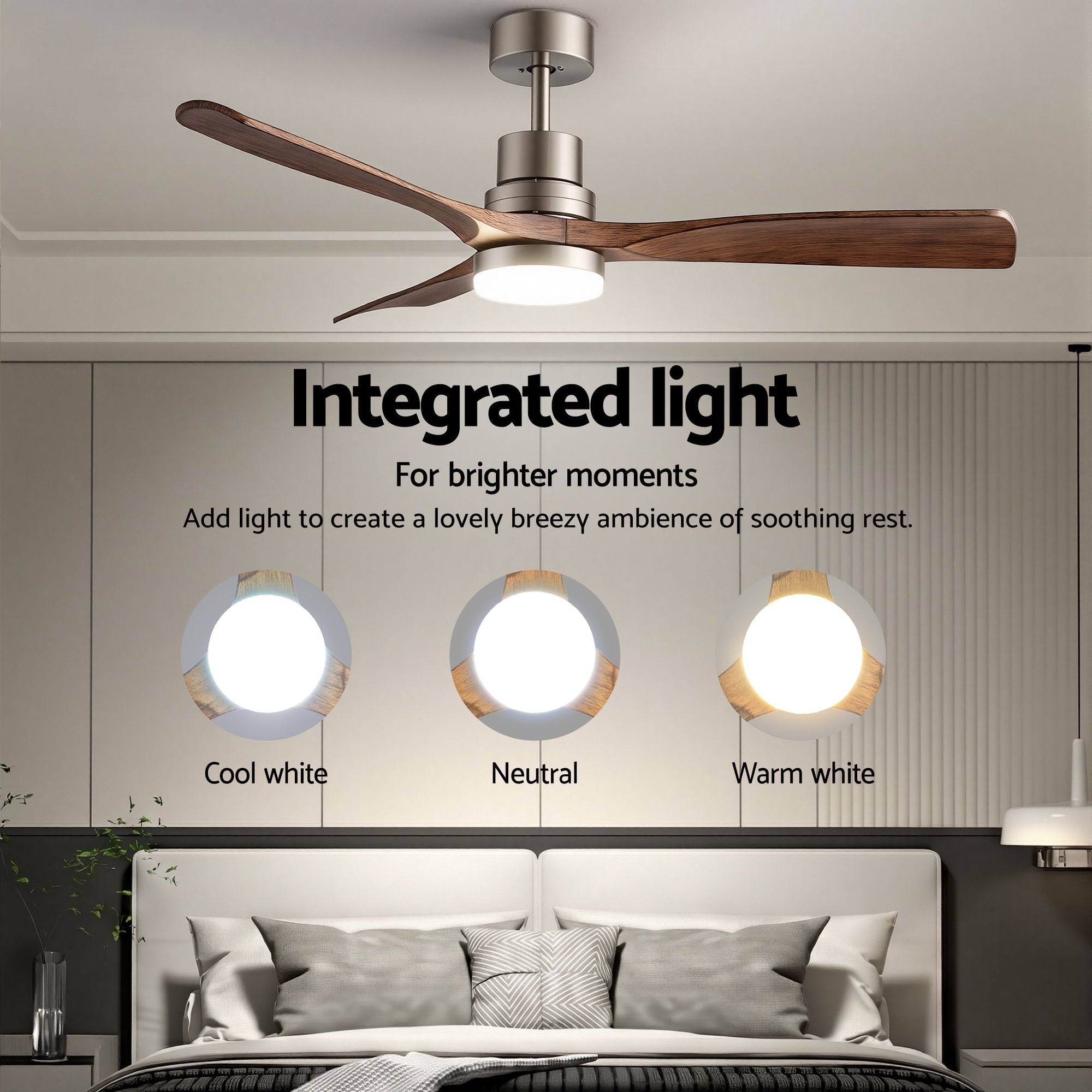 Devanti 52" Ceiling Fan with Light Remote Control DC Motor Smart App Timber Blades Brown