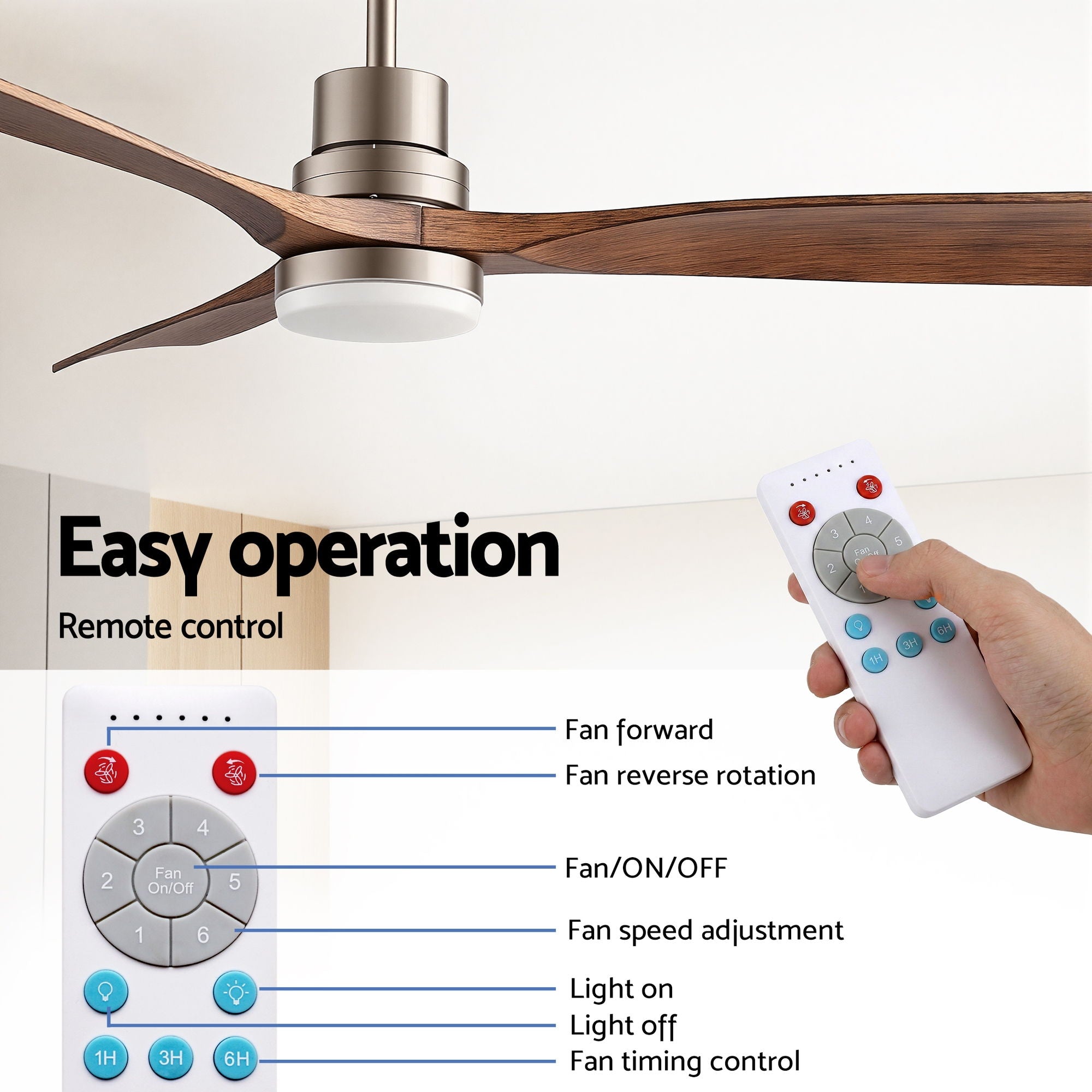 Devanti 52" Ceiling Fan with Light Remote Control DC Motor Smart App Timber Blades Brown
