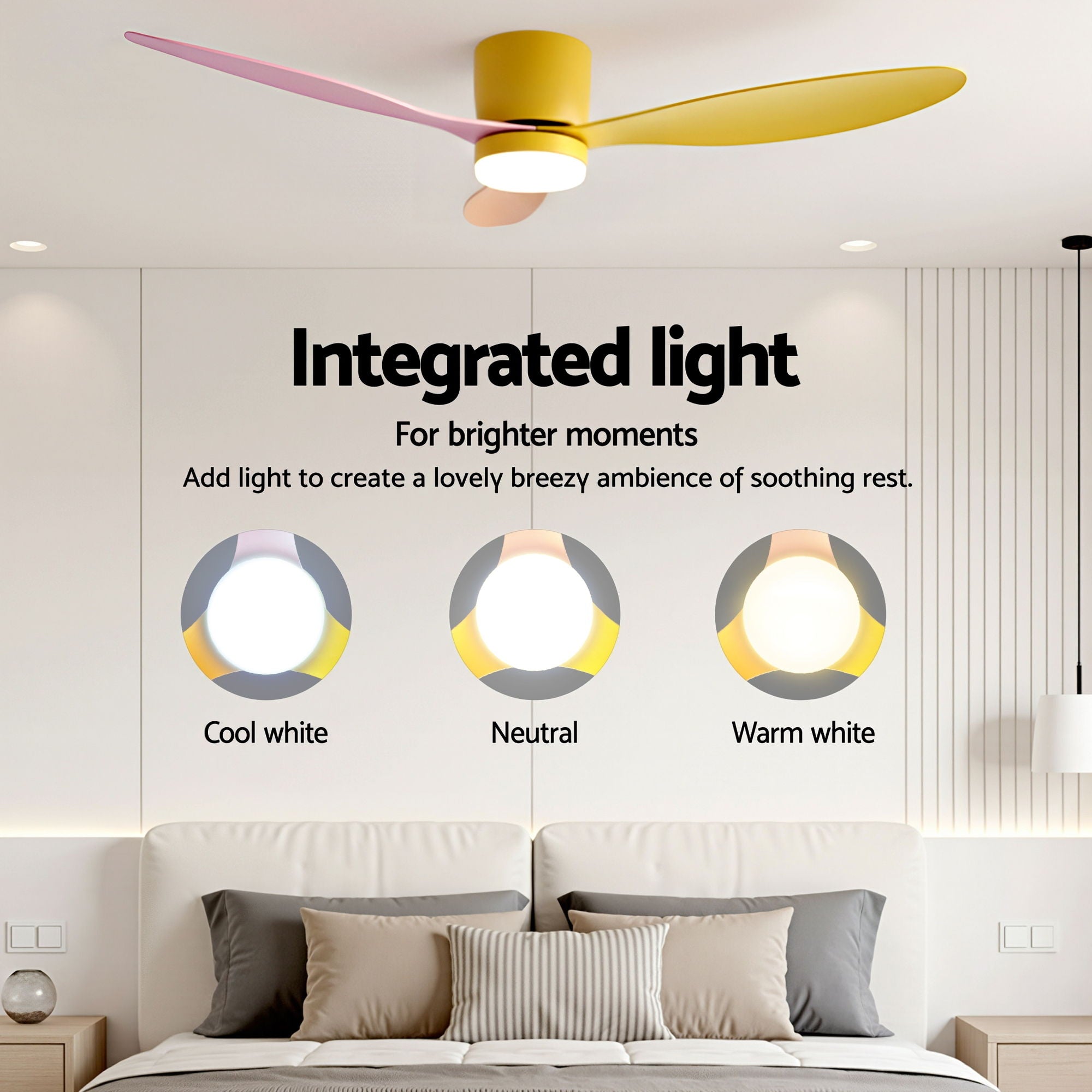 Devanti 52'' Ceiling Fan 3 Blades DC Motor w/Light w/Remote Yellow Pink Orange