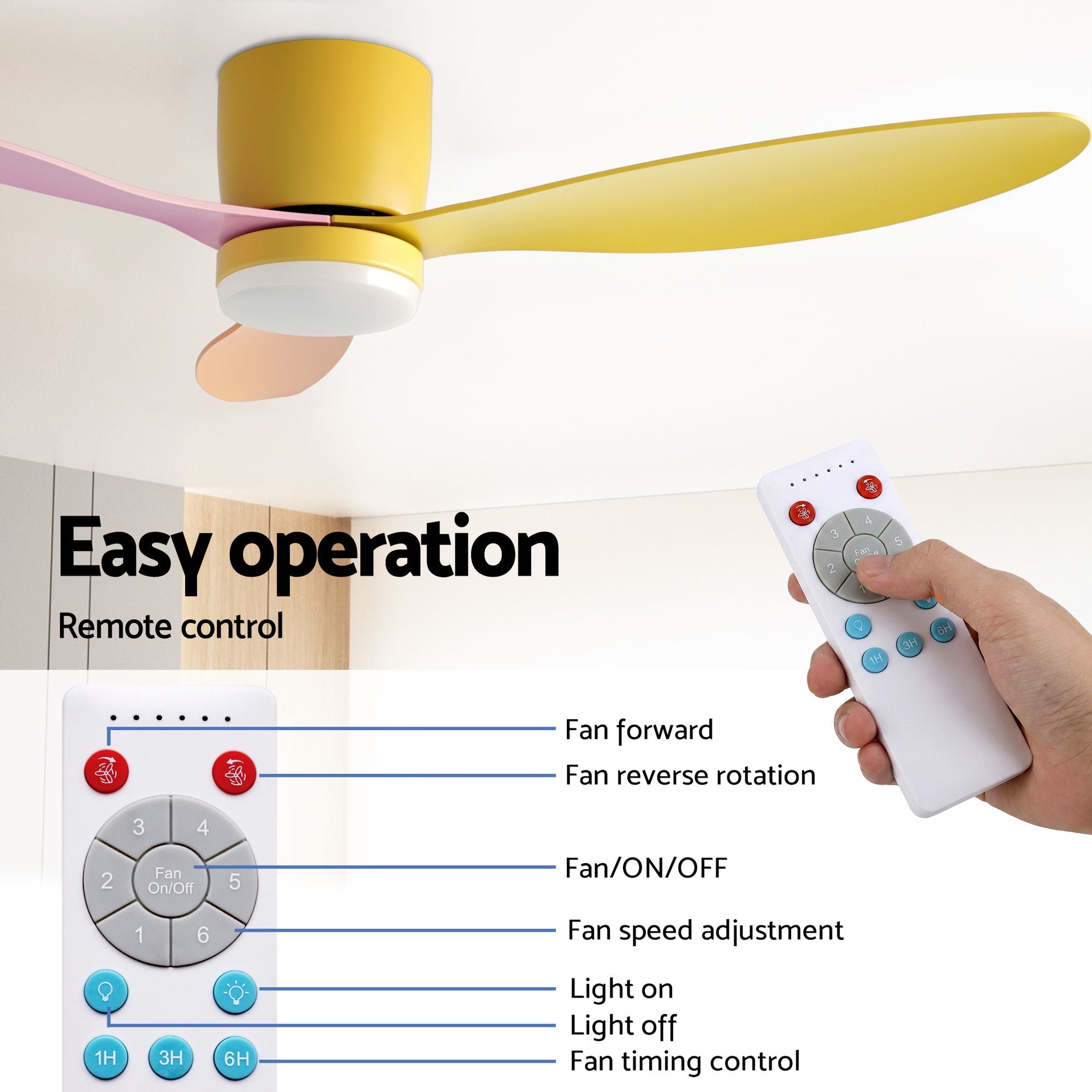 Devanti 52'' Ceiling Fan 3 Blades DC Motor w/Light w/Remote Yellow Pink Orange