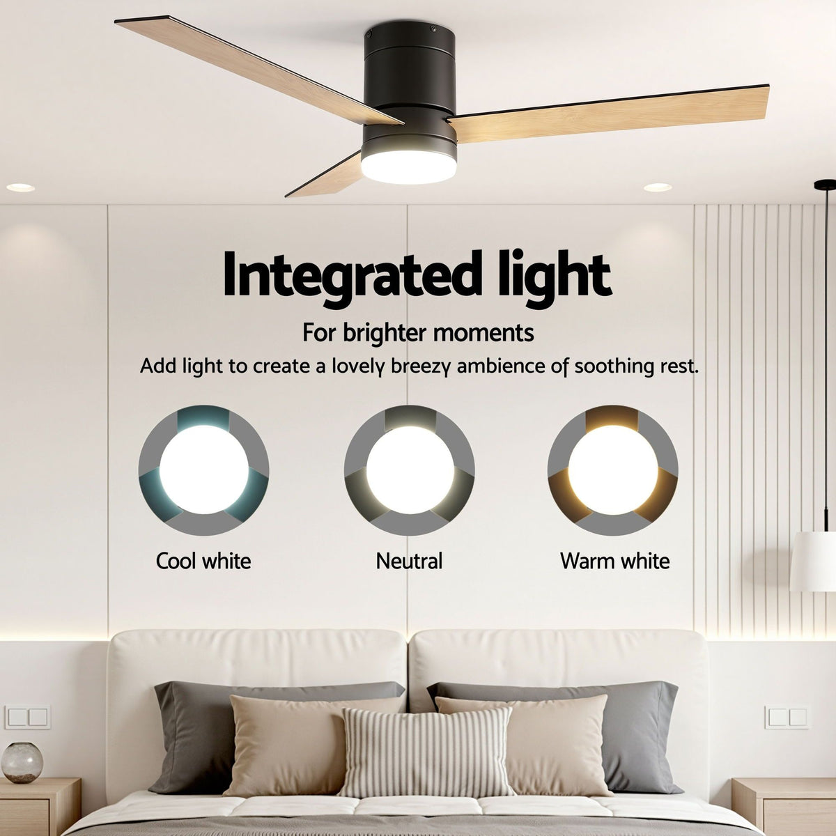 Devanti 52 Inch Ceiling Fan 3 Blade DC Motor Light Wood and Black