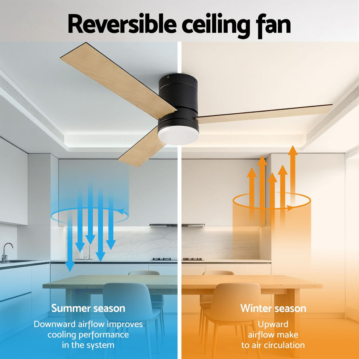Devanti 52 Inch Ceiling Fan 3 Blade DC Motor Light Wood and Black