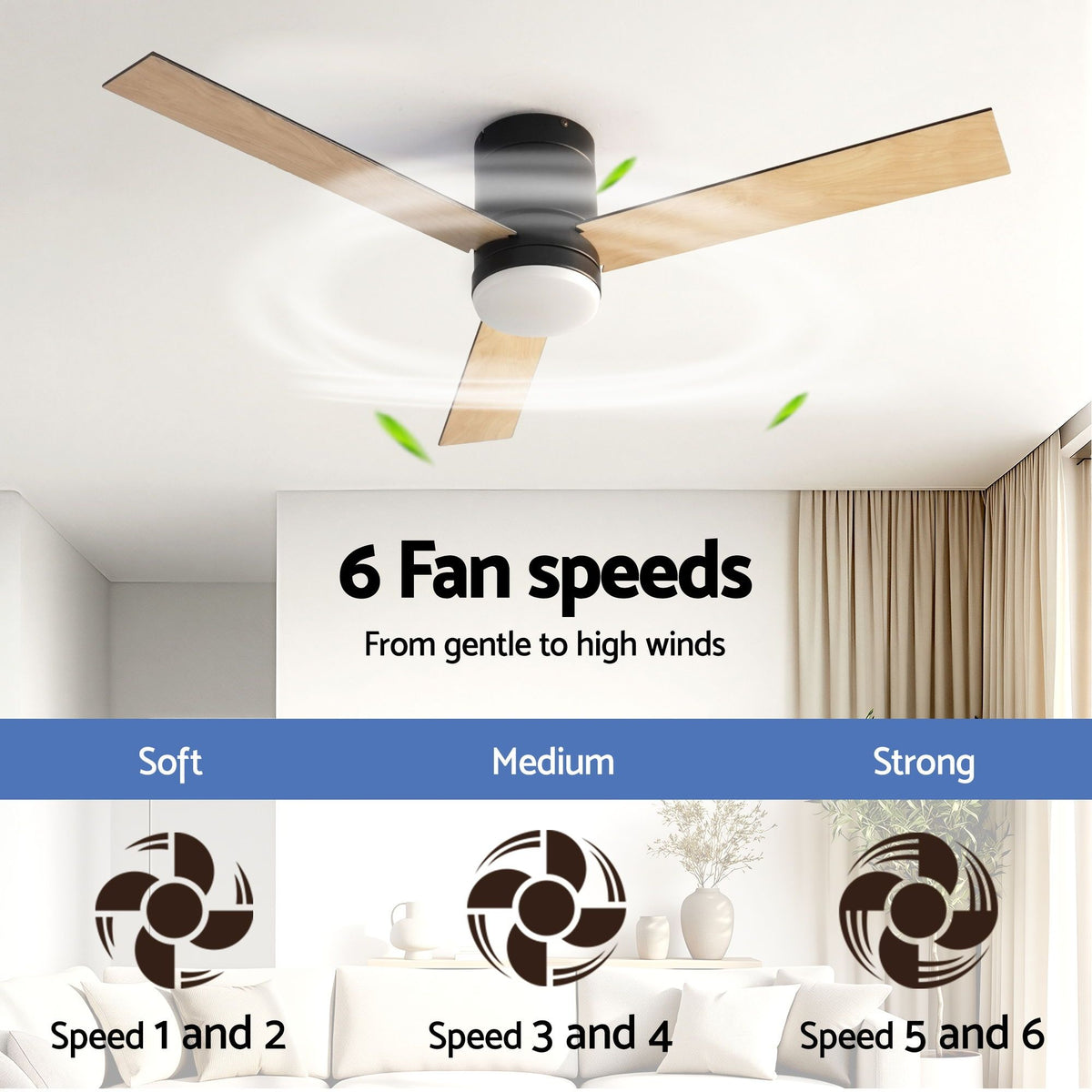 Devanti 52 Inch Ceiling Fan 3 Blade DC Motor Light Wood and Black