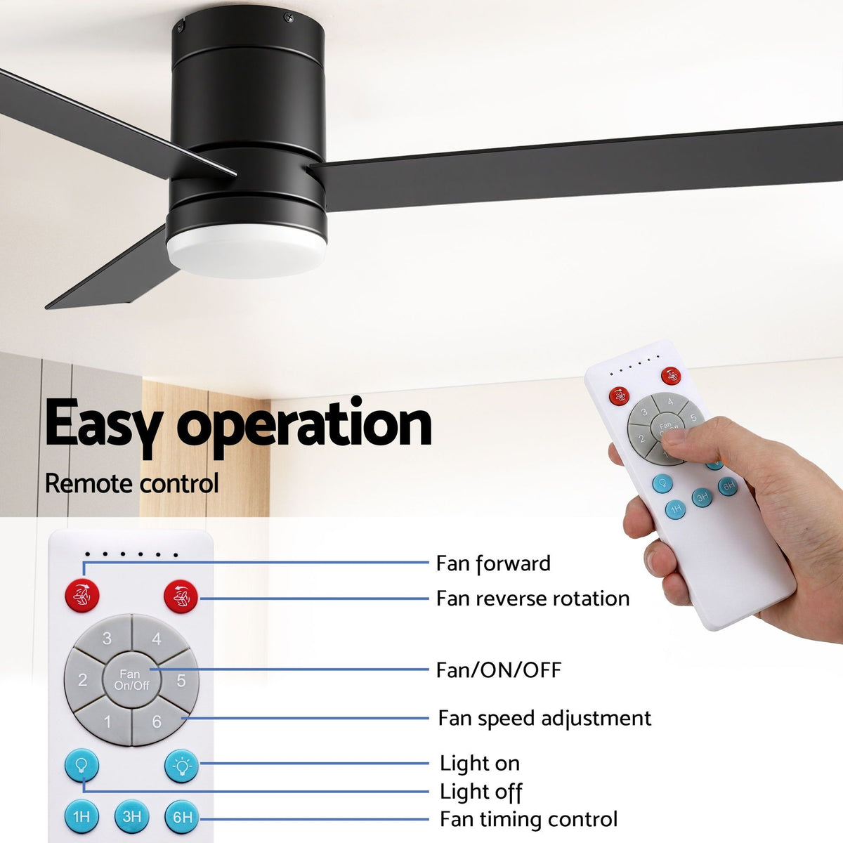 Devanti 52 Inch Ceiling Fan 3 Blade DC Motor Light Wood and Black