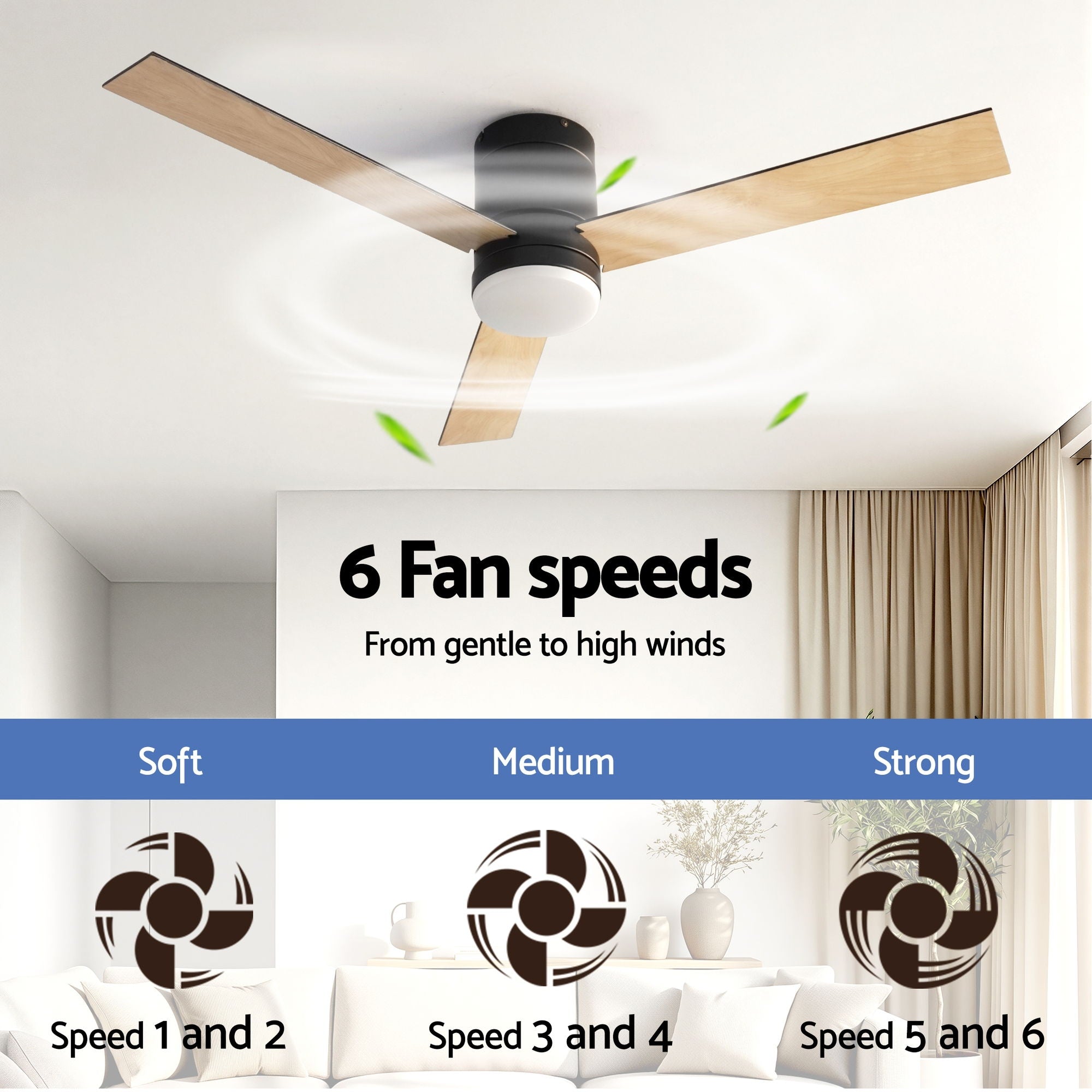 Devanti 52'' Ceiling Fan 3 Blades Double-sided DC Motor w/Light w/Remote Light Wood and bLack