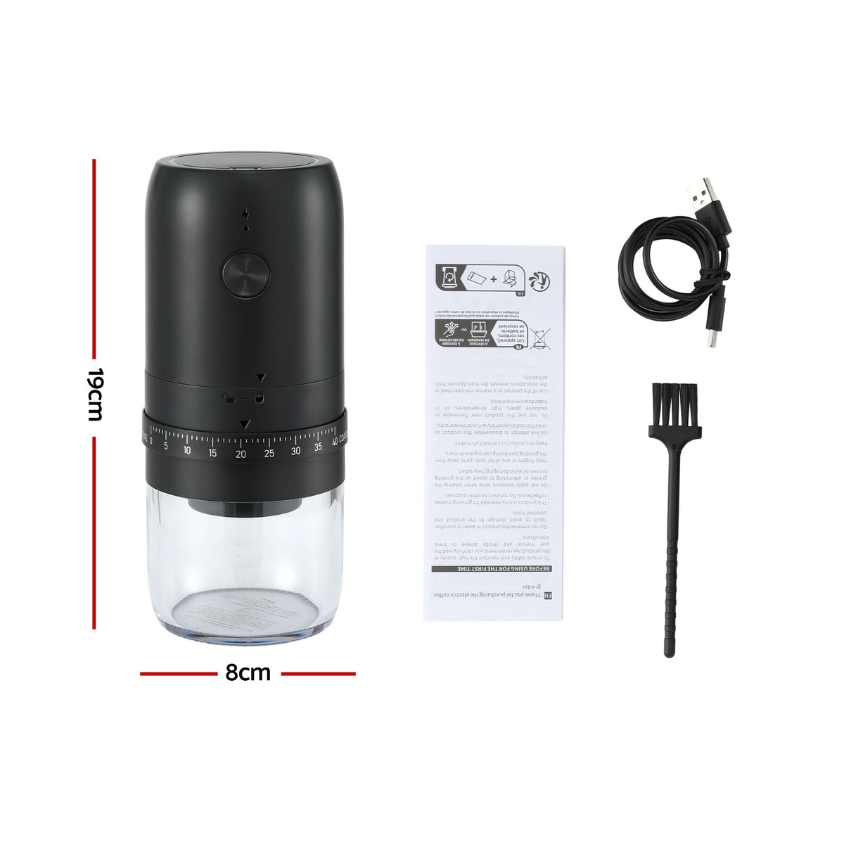 Devanti Portable Electric Coffee Grinder, 40 Settings, USB-C, Black