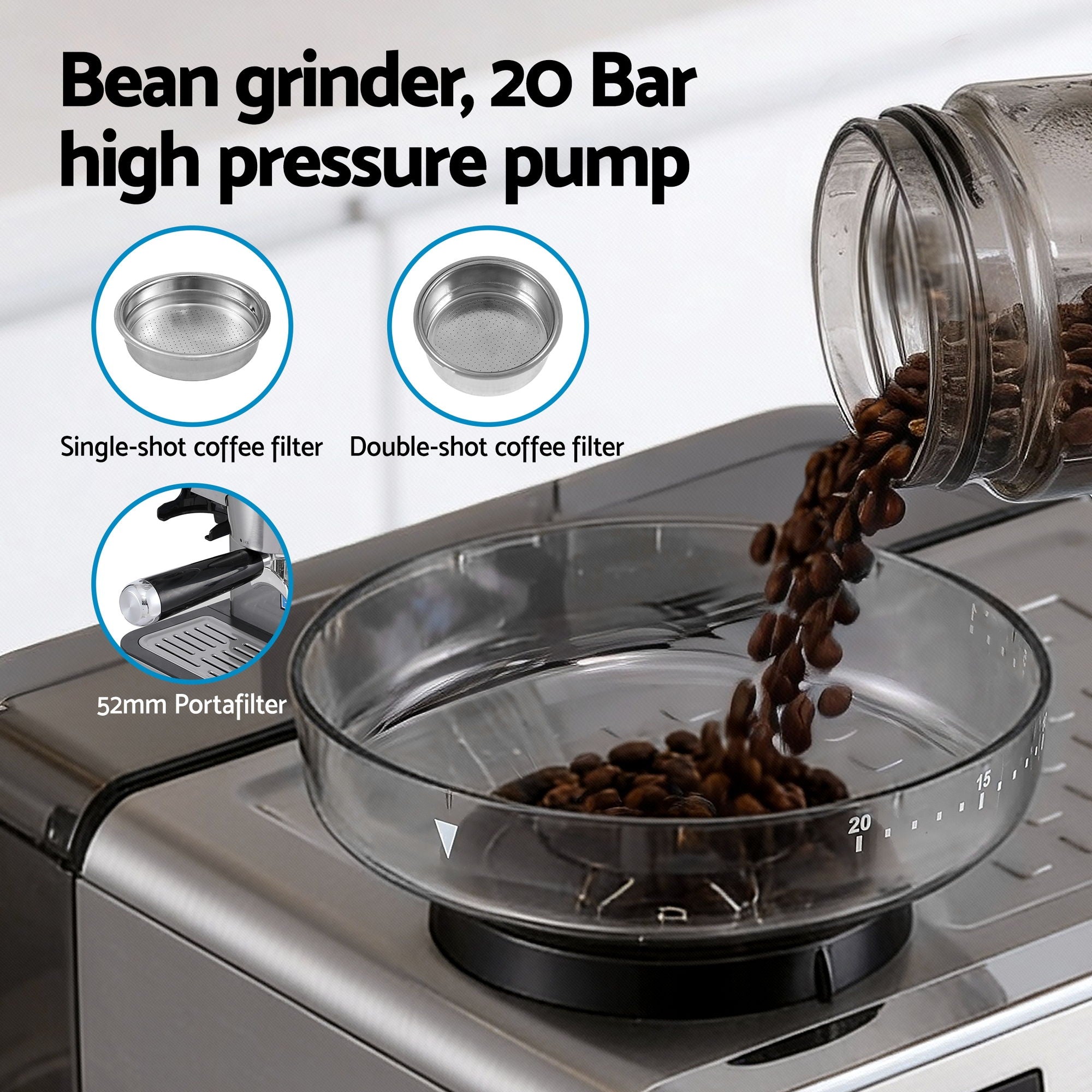 Devanti Coffee Machine Espresso Latte Maker with Grinder Milk Frother Steam Wand
