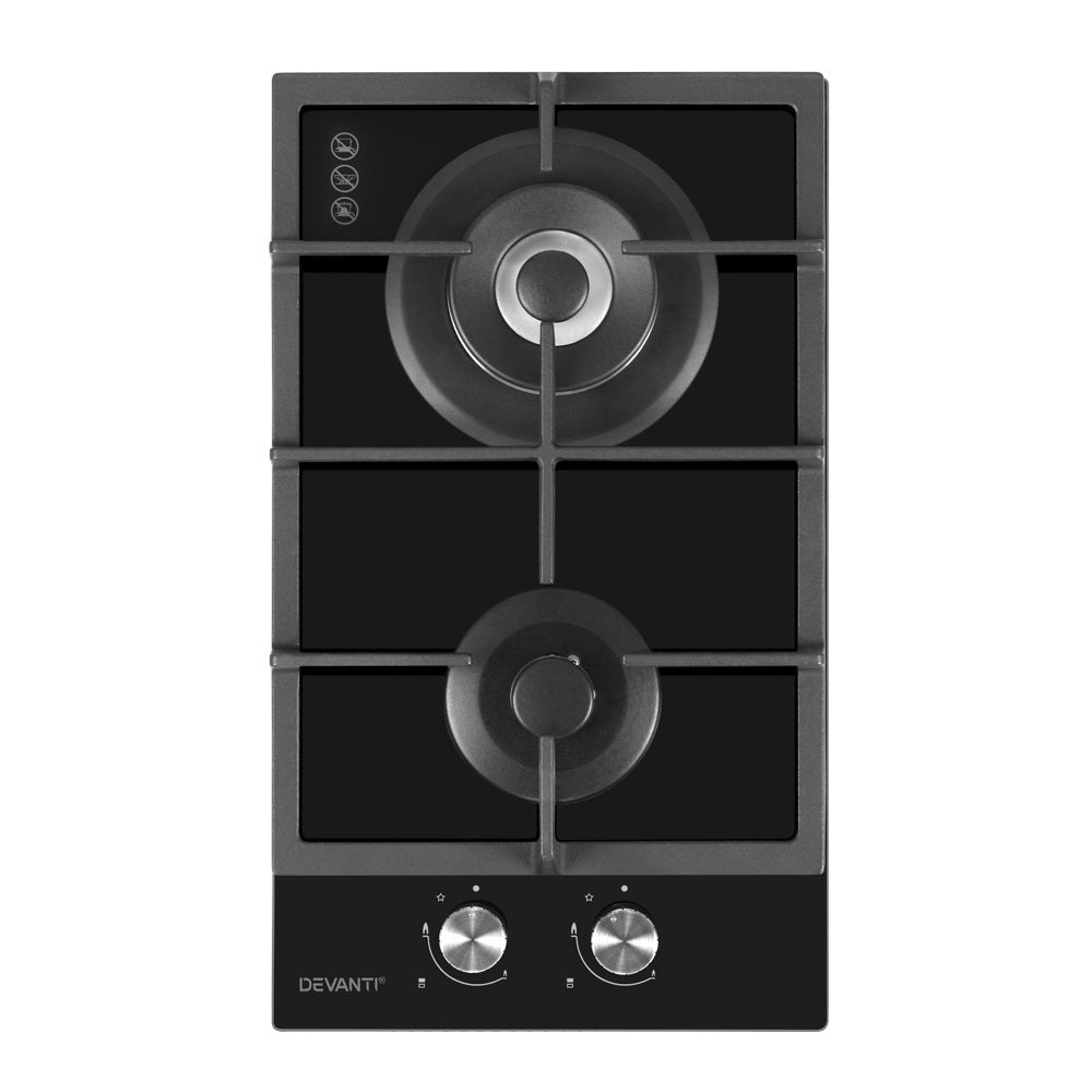 Devanti 30cm 2-Burner Gas Cooktop Black Tempered Glass