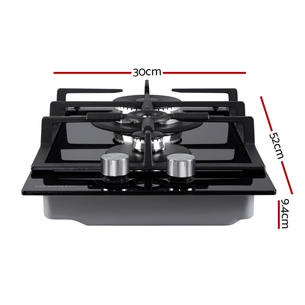 Devanti 30cm 2-Burner Gas Cooktop Black Tempered Glass