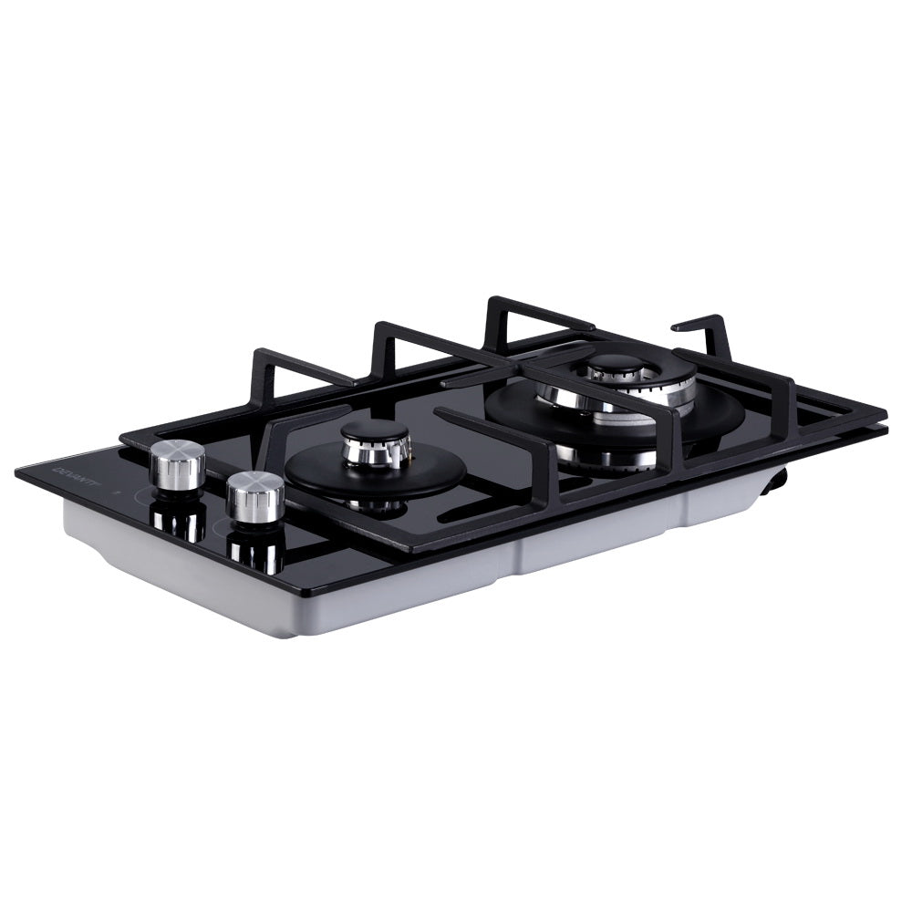Devanti 30cm 2-Burner Gas Cooktop Black Tempered Glass