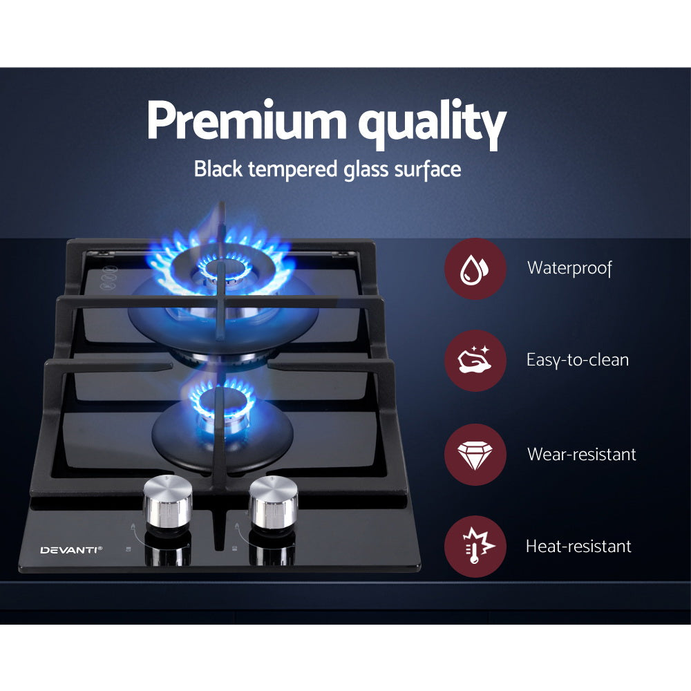 Devanti 30cm 2-Burner Gas Cooktop Black Tempered Glass