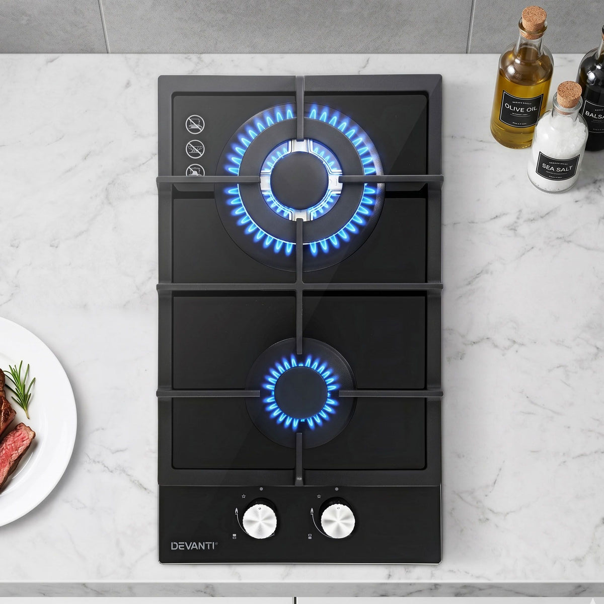 Devanti 30cm 2 Burner Built-in Gas Cooktop Glass Top NG LPG