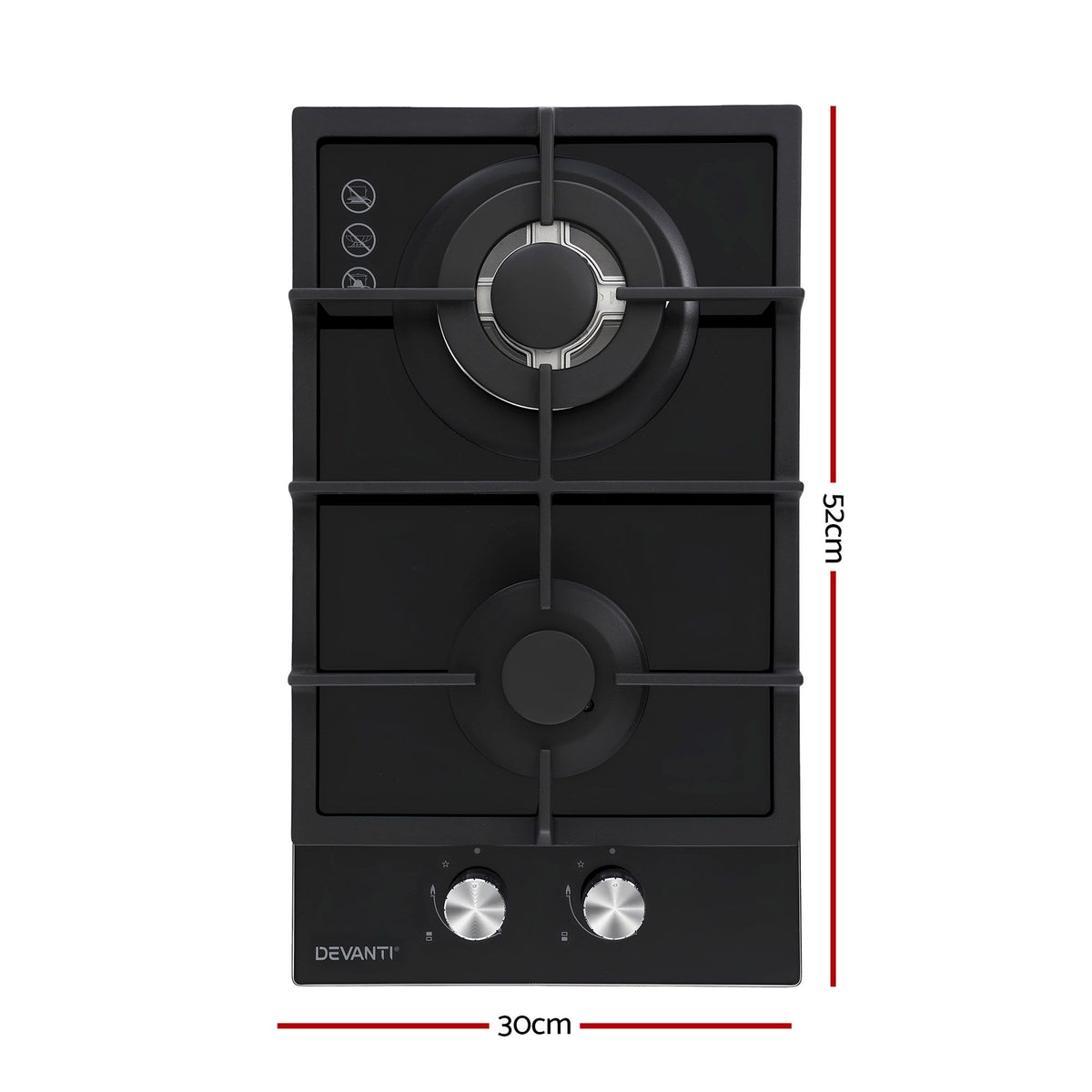 Devanti 30cm 2 Burner Built-in Gas Cooktop Glass Top NG LPG