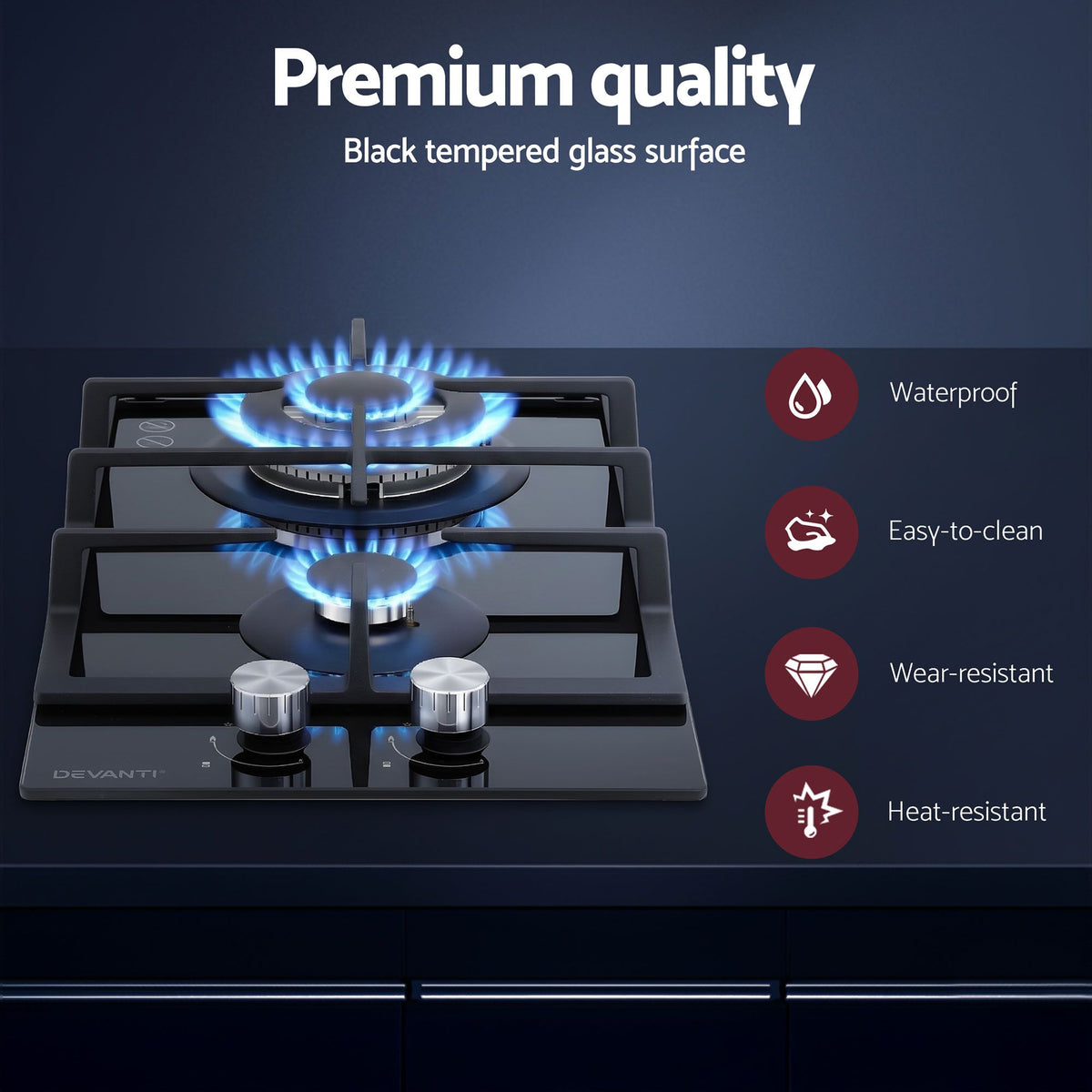 Devanti 30cm 2 Burner Built-in Gas Cooktop Glass Top NG LPG