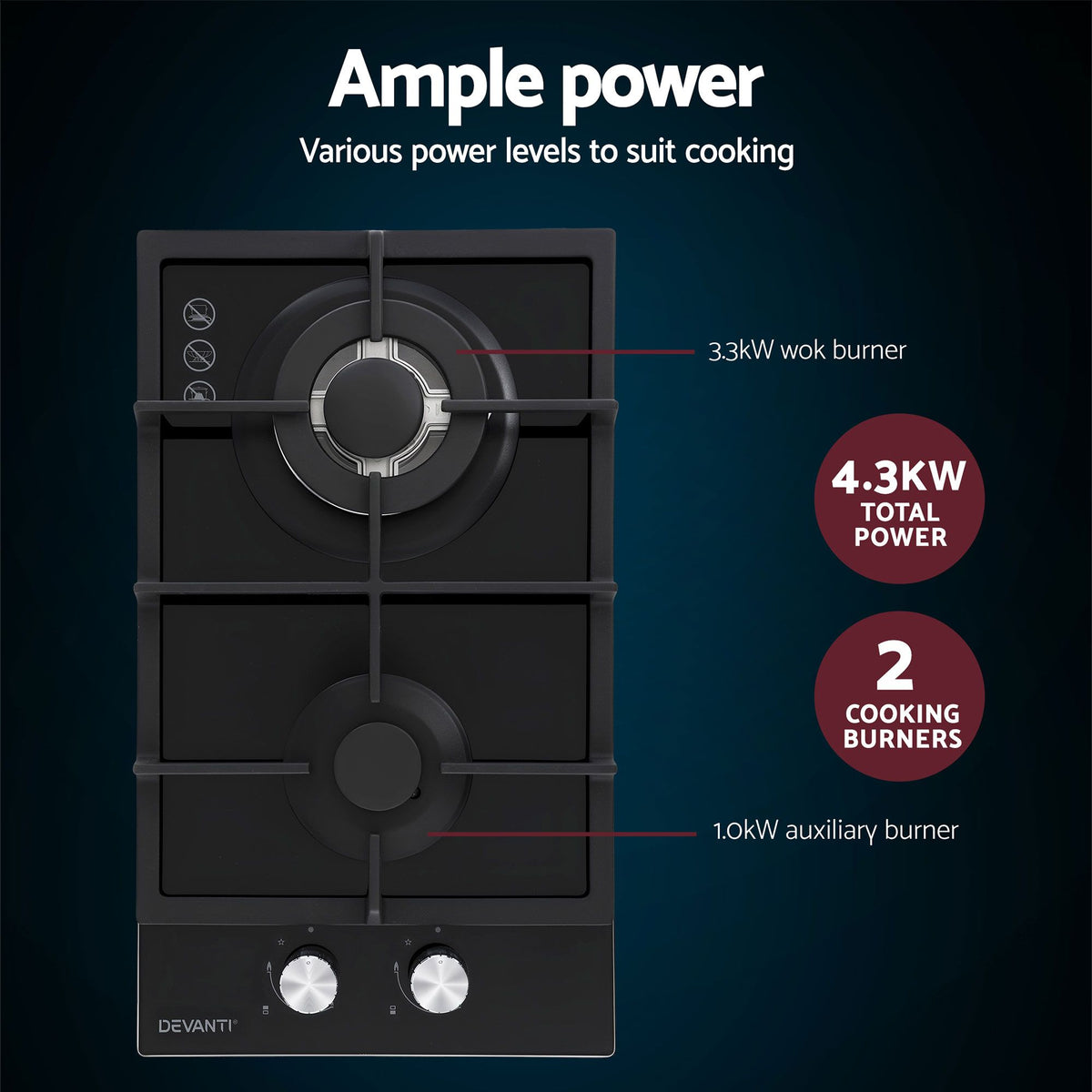 Devanti 30cm 2 Burner Built-in Gas Cooktop Glass Top NG LPG