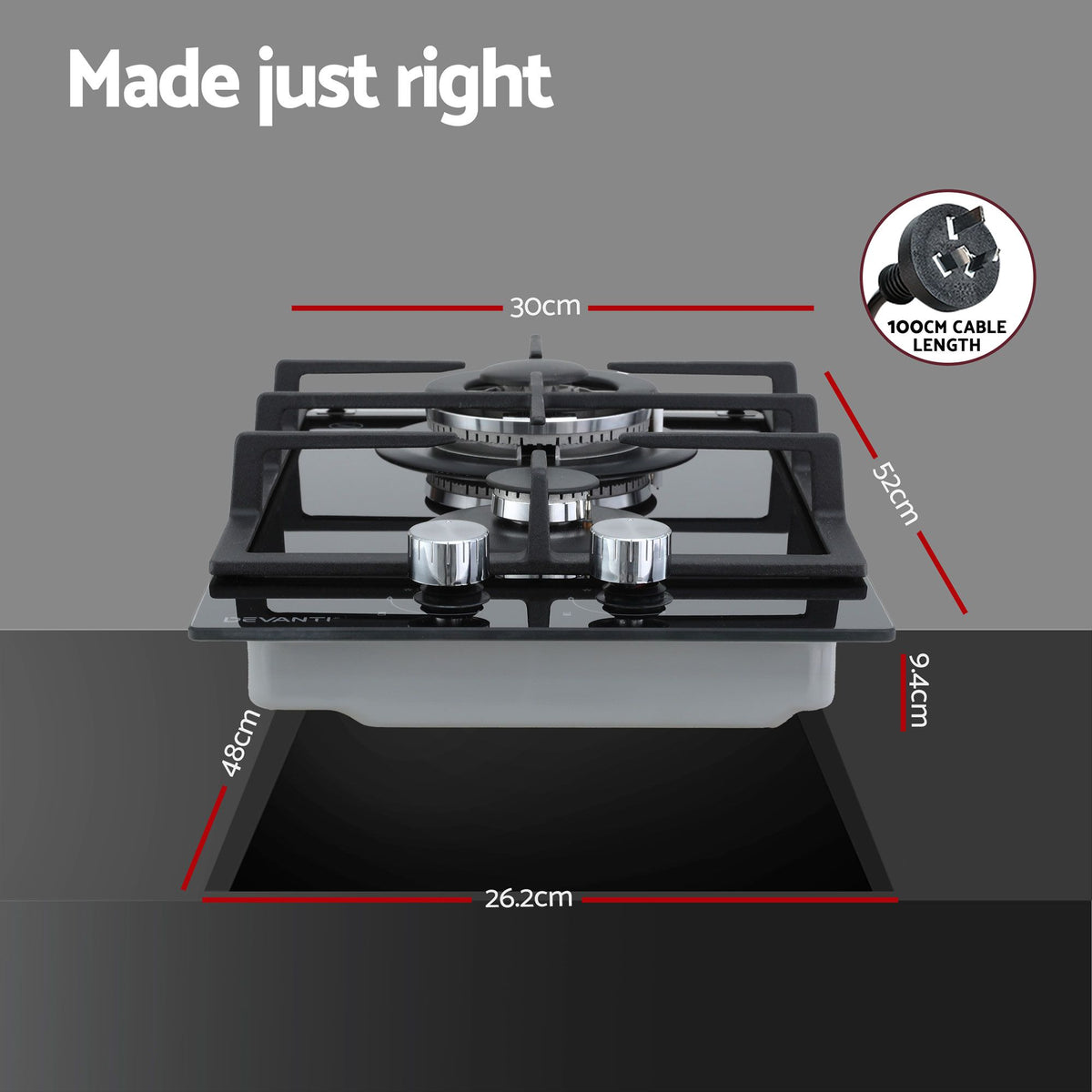 Devanti 30cm 2 Burner Built-in Gas Cooktop Glass Top NG LPG