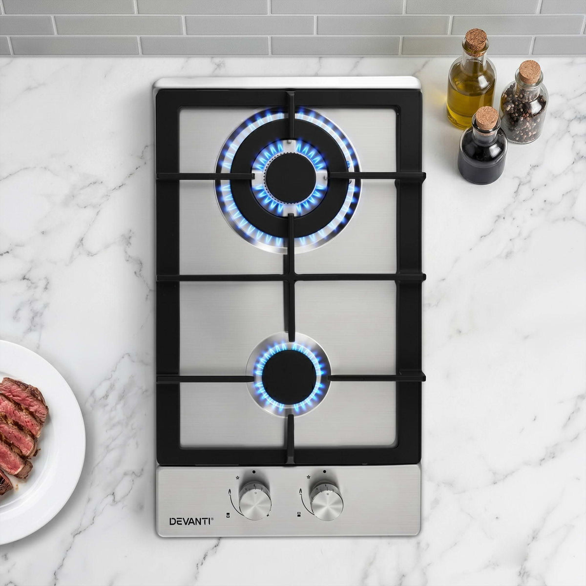 Devanti 30cm Built-in Gas Cooktop 2 Burner Silver