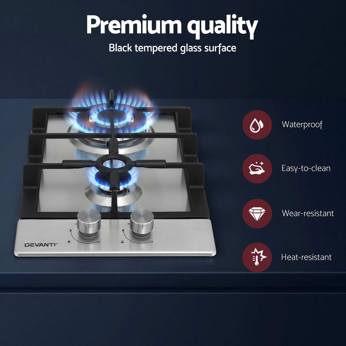 Devanti 30cm Built-in Gas Cooktop 2 Burner Silver