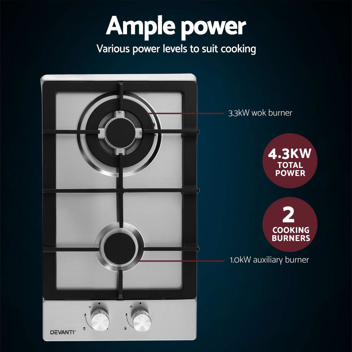 Devanti 30cm Built-in Gas Cooktop 2 Burner Silver