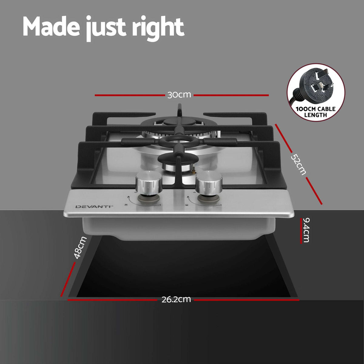 Devanti 30cm Built-in Gas Cooktop 2 Burner Silver