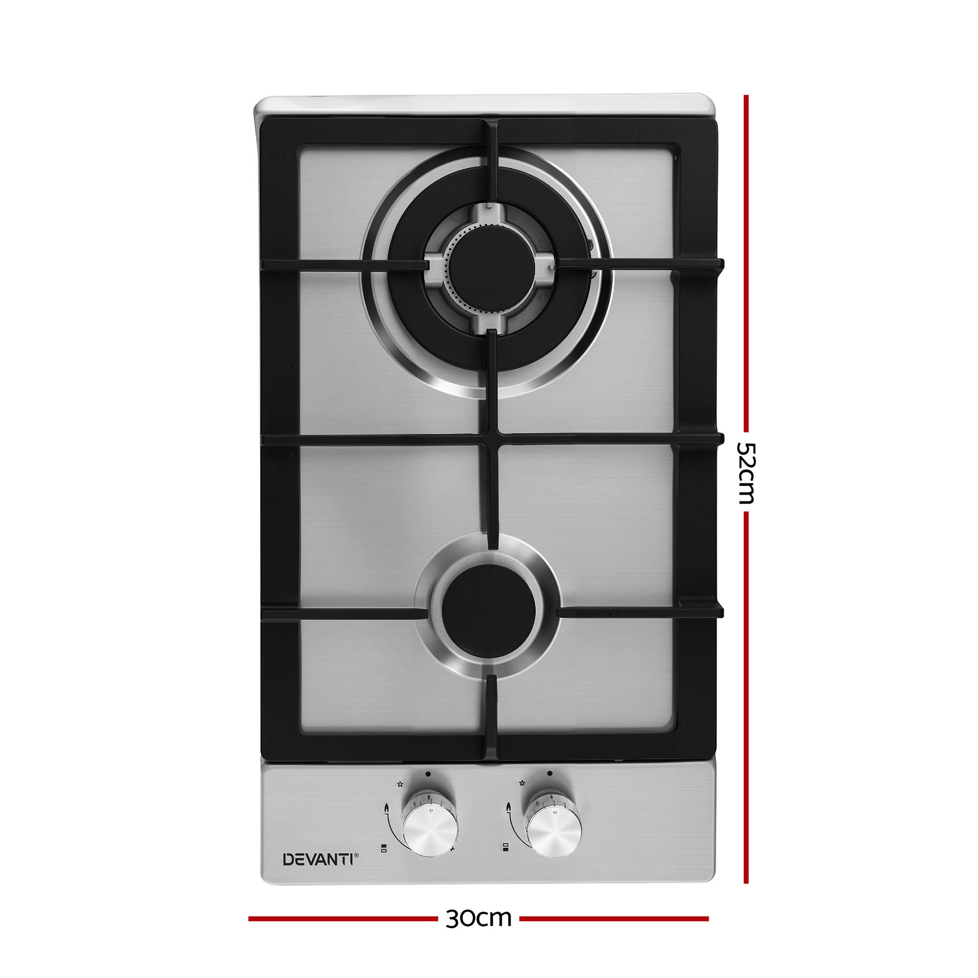 Devanti Gas Cooktop 30cm 2 Burner Silver