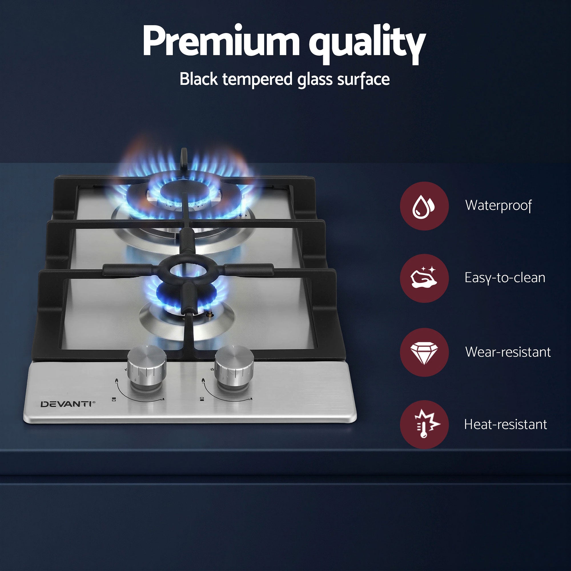 Devanti Gas Cooktop 30cm 2 Burner Silver