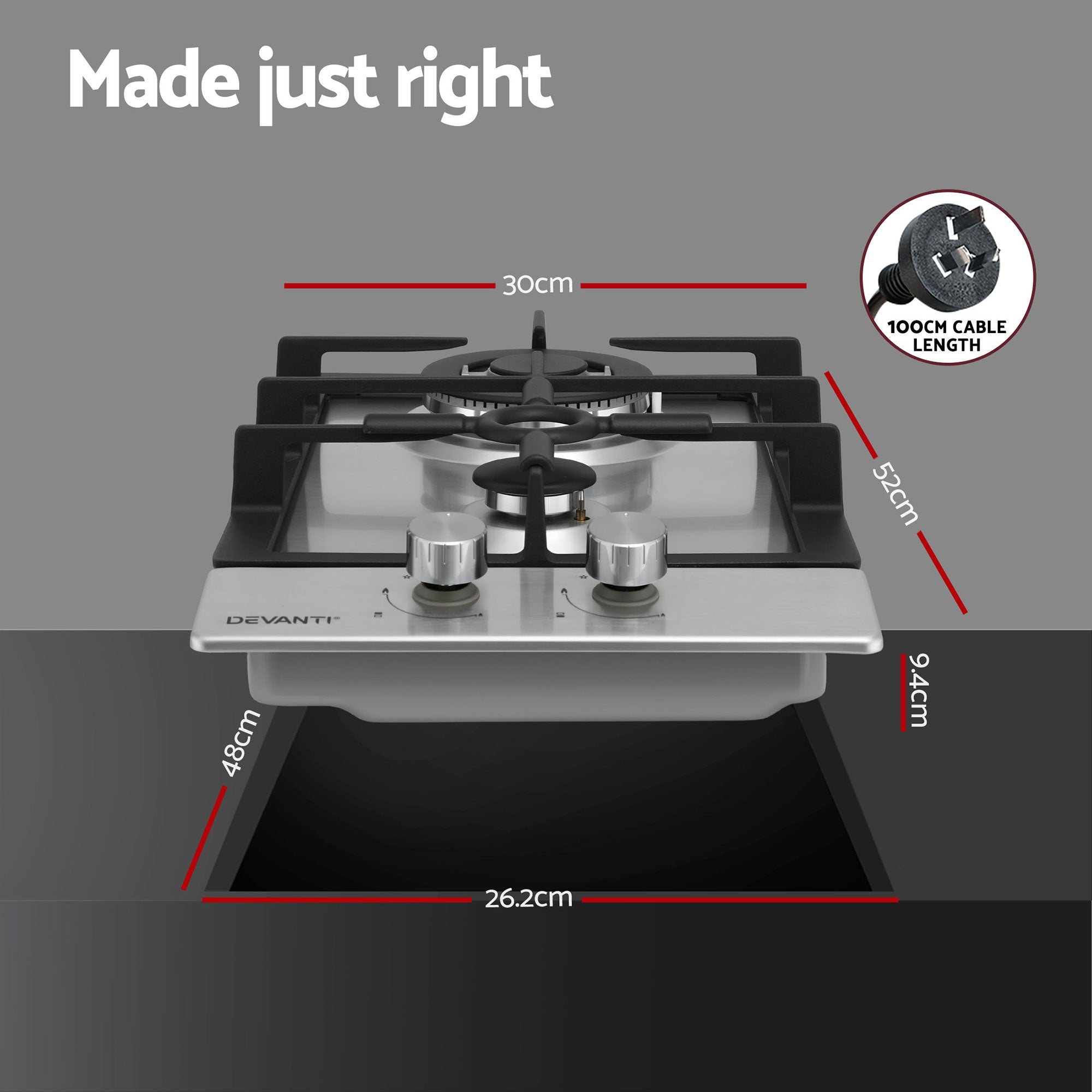 Devanti Gas Cooktop 30cm 2 Burner Silver