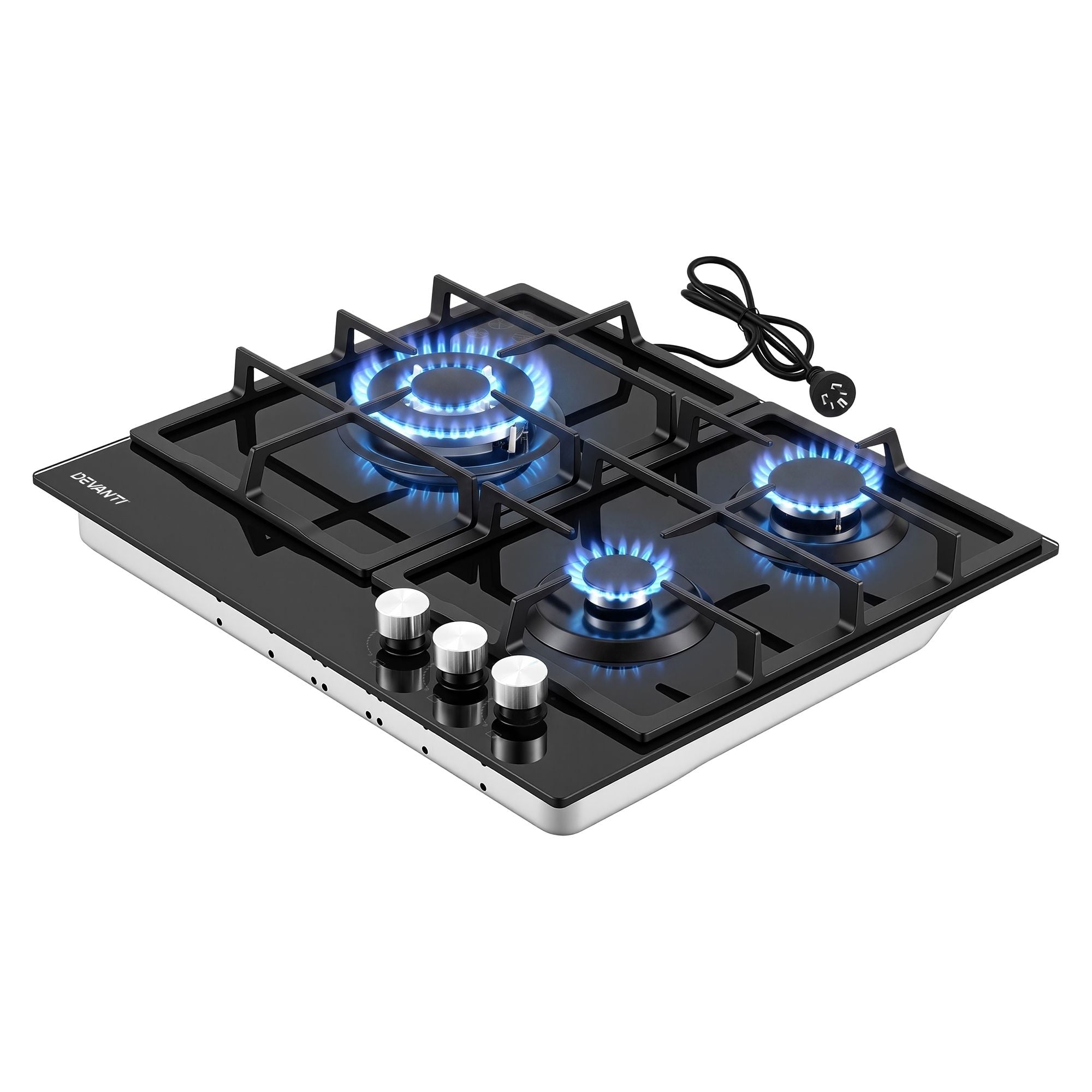 Devanti 59cm Gas Cooktop 3 Burner Knob Control Glass Hob Cast Iron Black