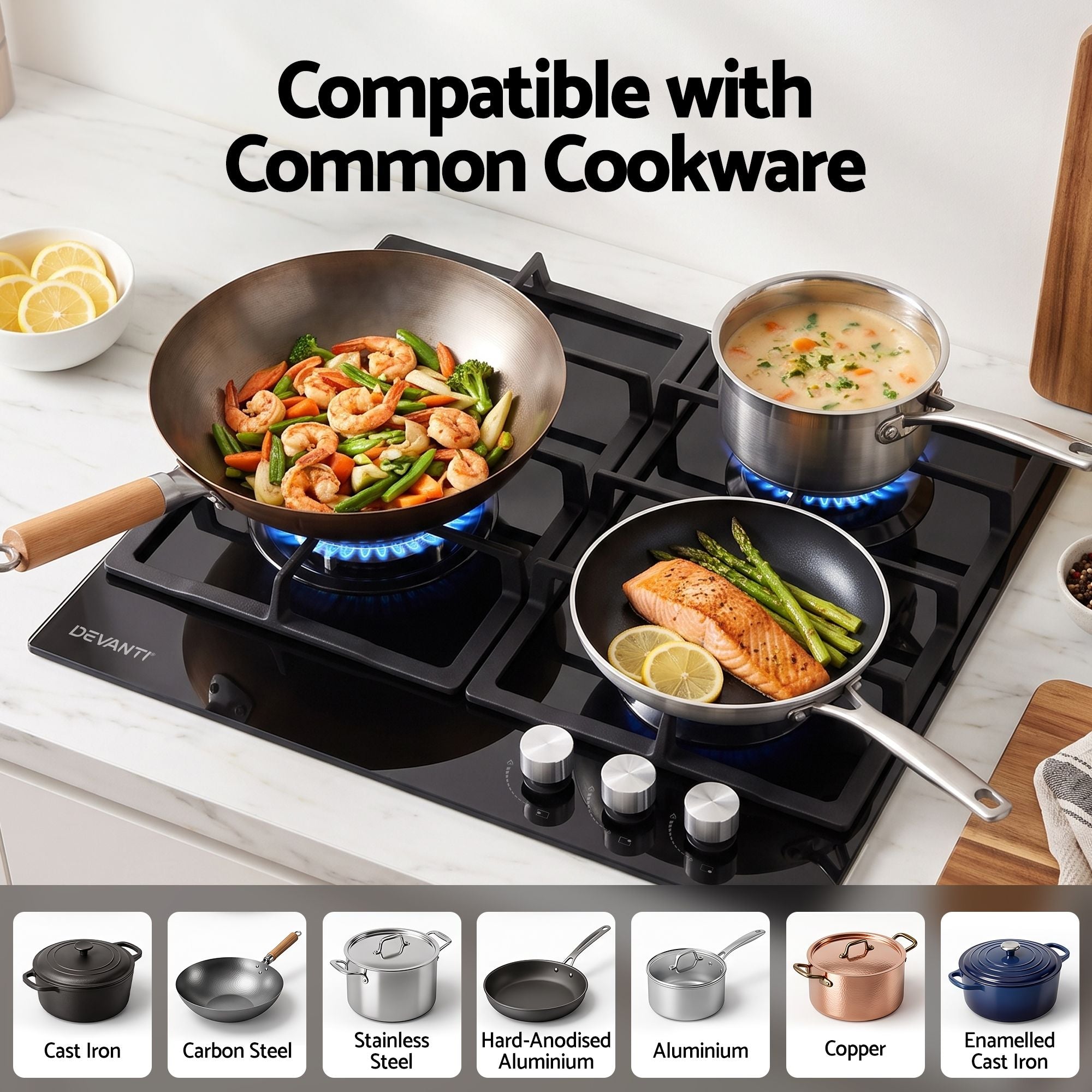 Devanti 59cm Gas Cooktop 3 Burner Knob Control Glass Hob Cast Iron Black