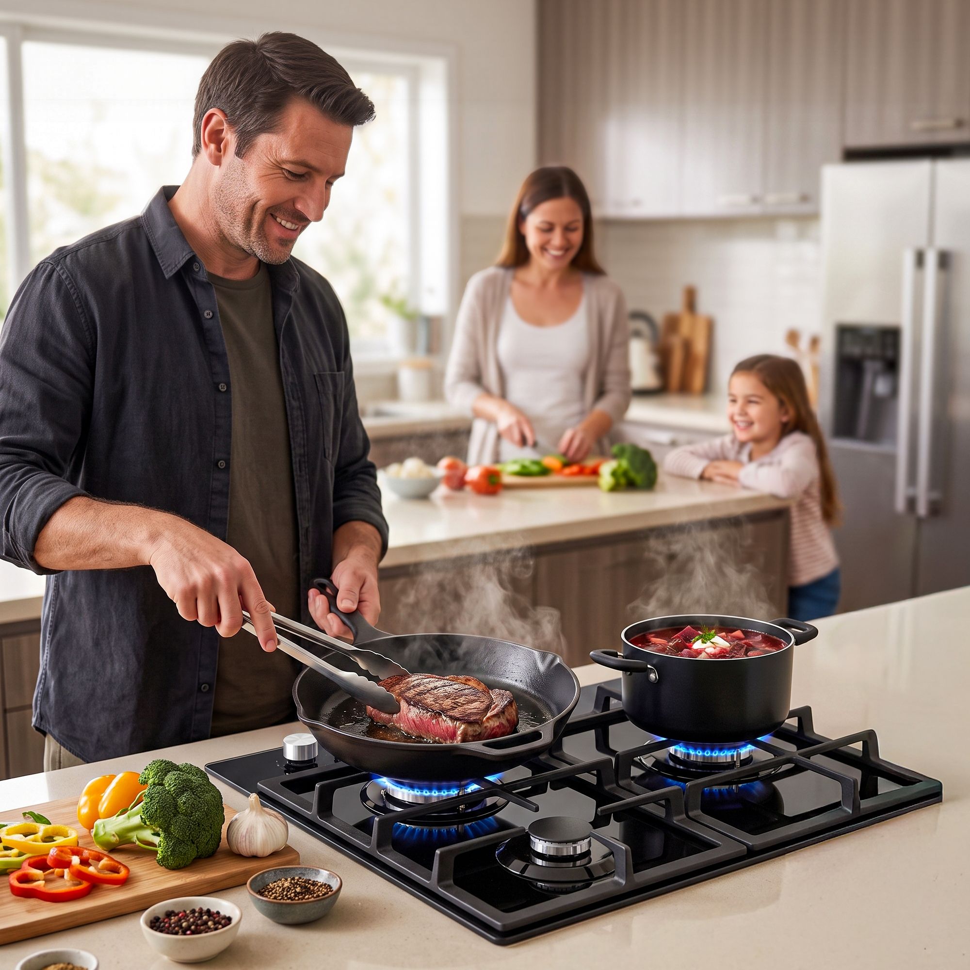 Devanti 59cm Gas Cooktop 3 Burner Knob Control Glass Hob Cast Iron Black