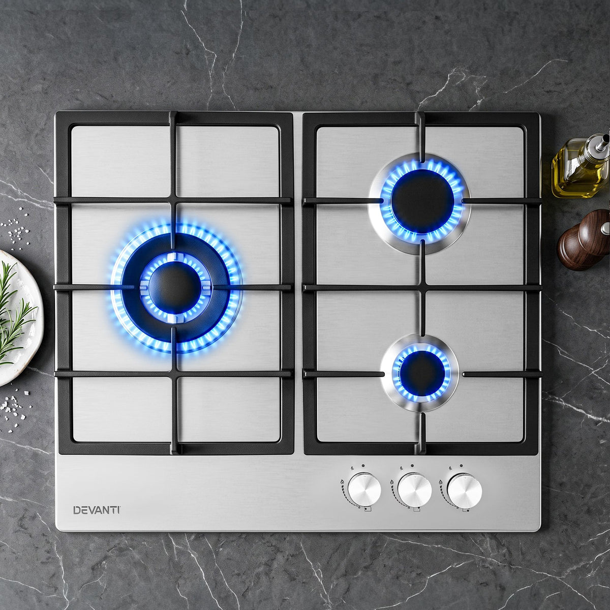 Devanti 59cm 3 Burner Gas Cooktop Stainless Steel Silver