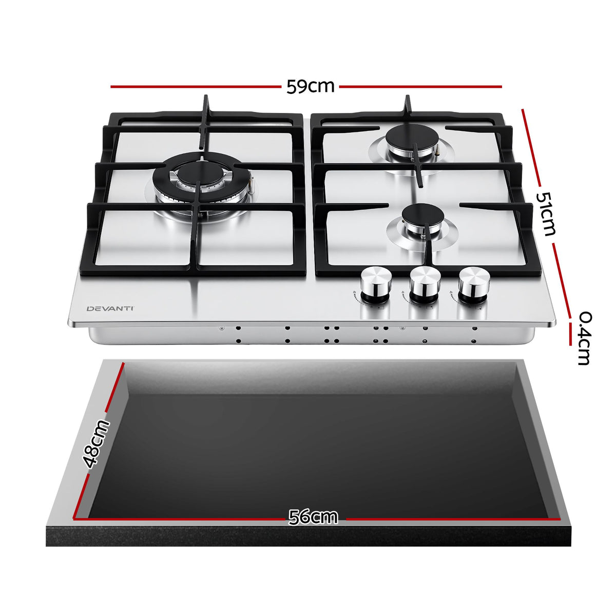 Devanti 59cm 3 Burner Gas Cooktop Stainless Steel Silver