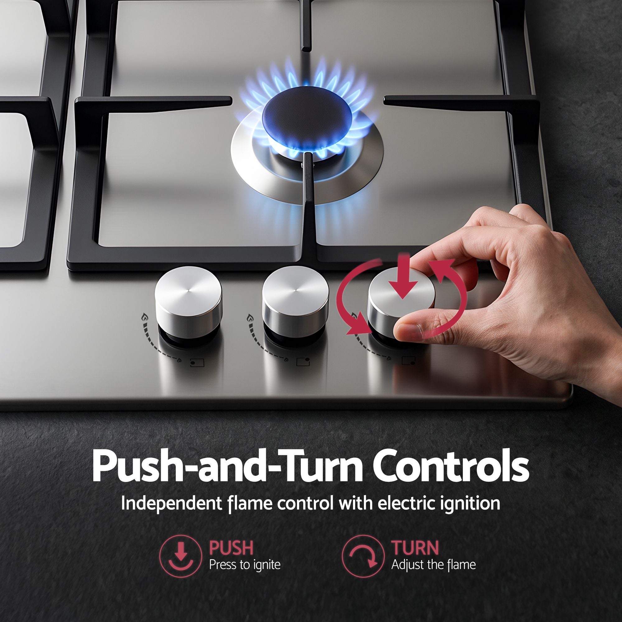 Devanti 59cm Gas Cooktop 3 Burner Knob Control Stainless Steel Hob Silver
