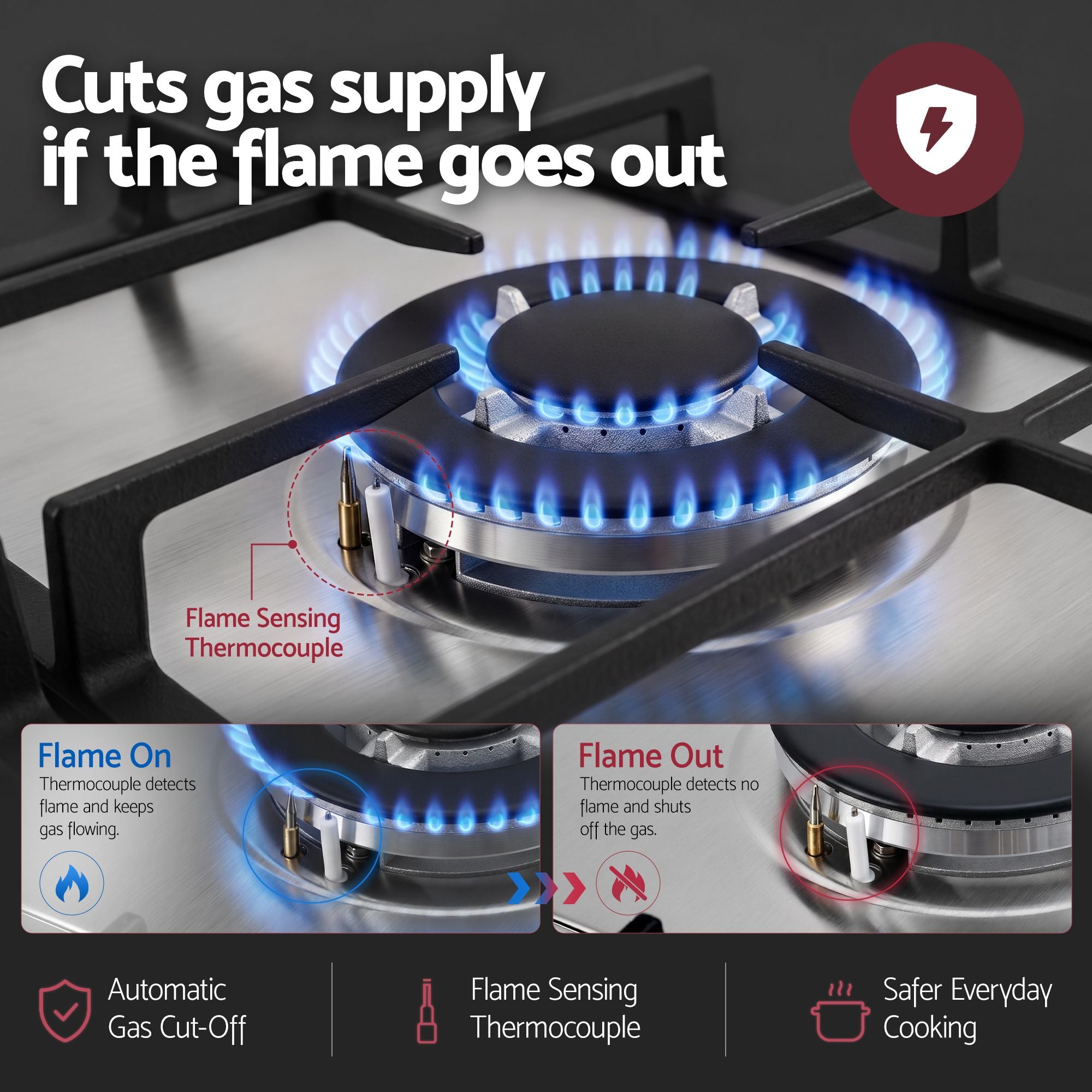 Devanti 59cm Gas Cooktop 3 Burner Knob Control Stainless Steel Hob Silver