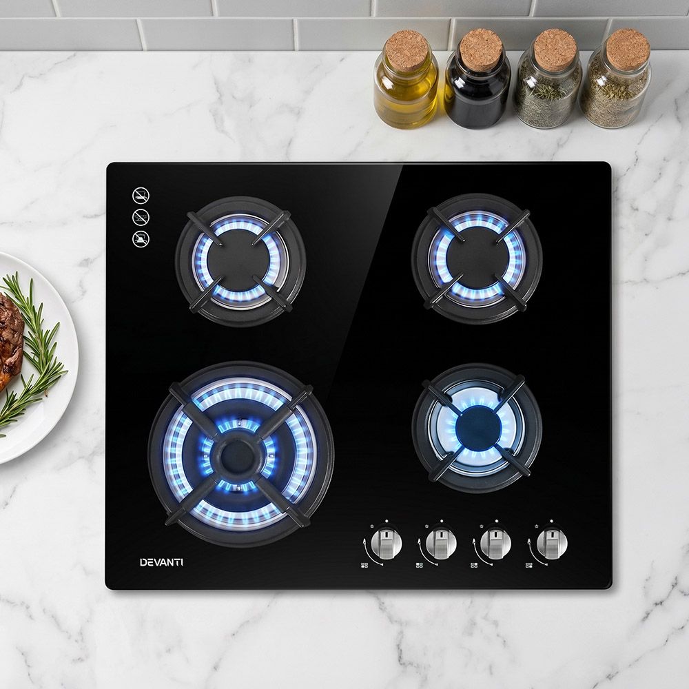 Devanti Built-in Gas Cooktop 60cm 4 Burner Black