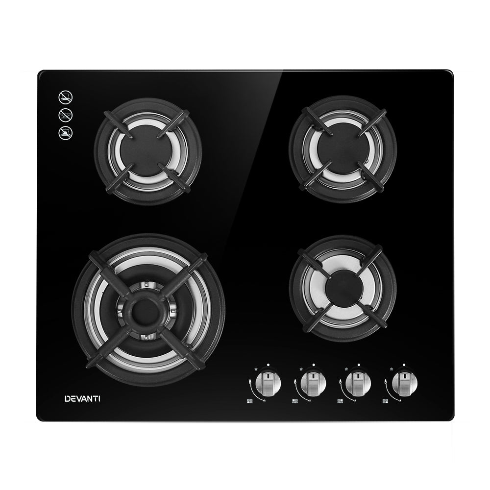 Devanti 60cm 4-Burner Gas Cooktop Black Tempered Glass
