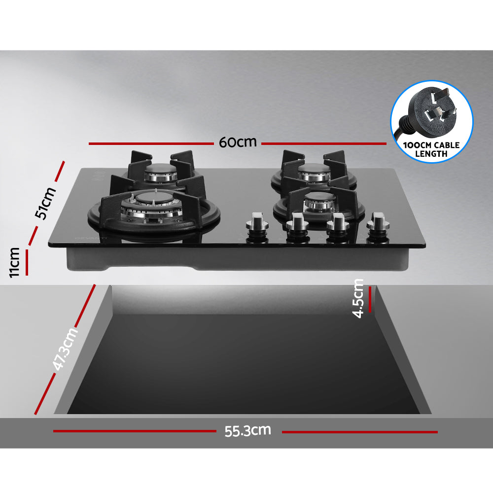 Devanti 60cm 4-Burner Gas Cooktop Black Tempered Glass