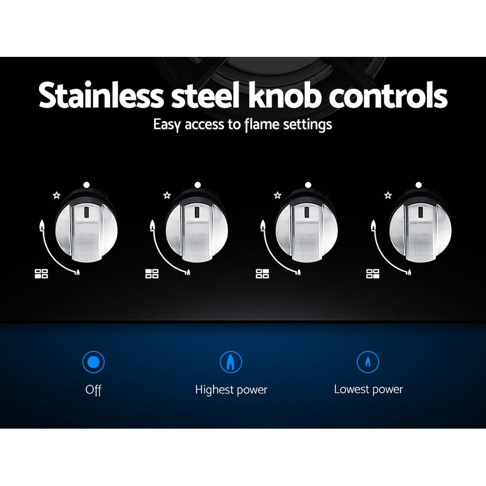 Devanti 60cm 4-Burner Gas Cooktop Black Tempered Glass