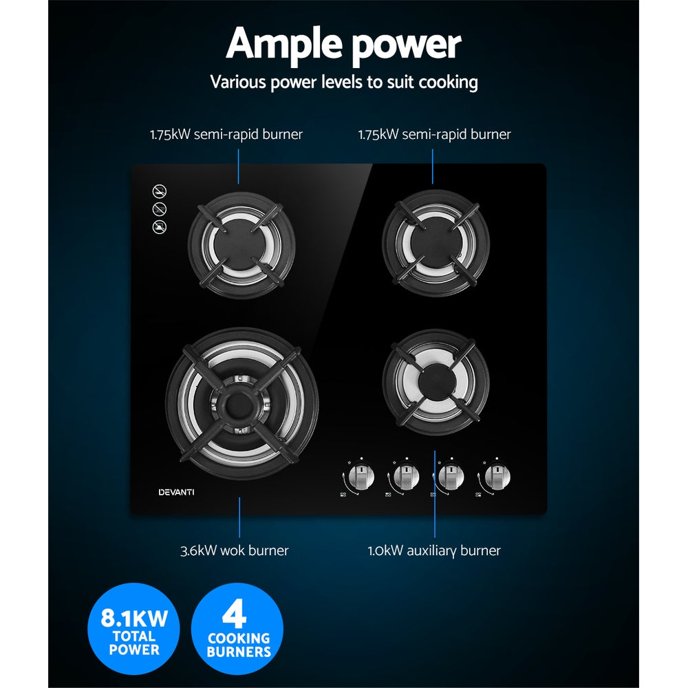 Devanti 60cm 4-Burner Gas Cooktop Black Tempered Glass