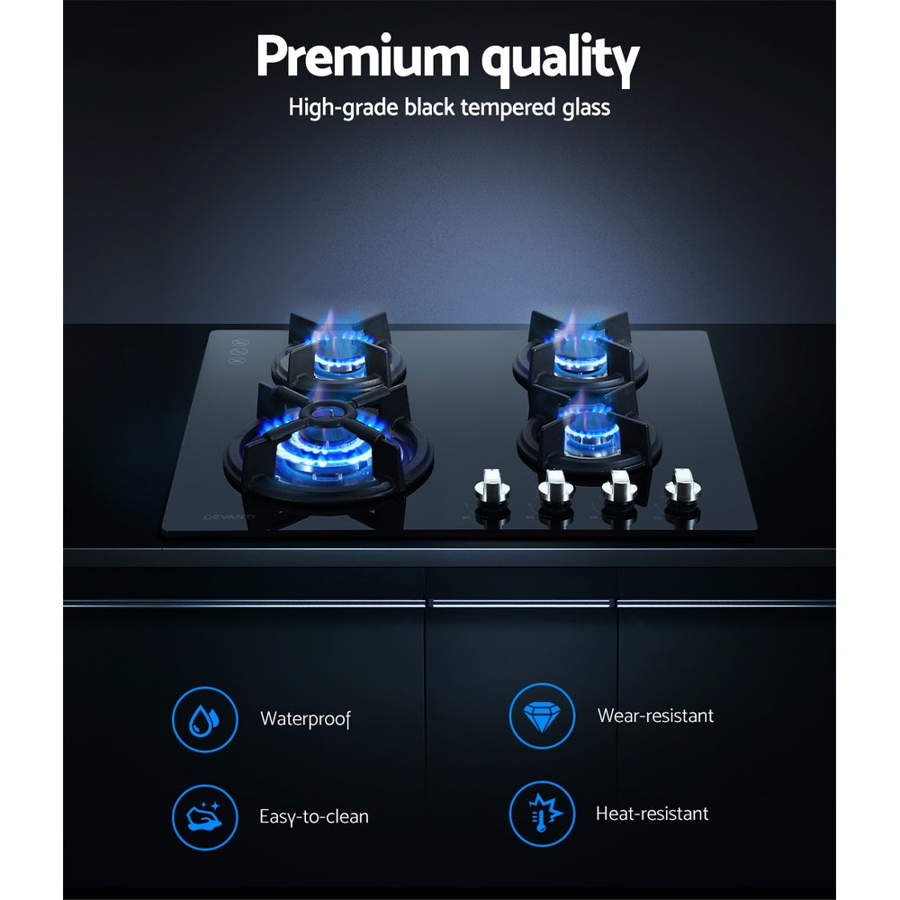 Devanti 60cm 4-Burner Gas Cooktop Black Tempered Glass