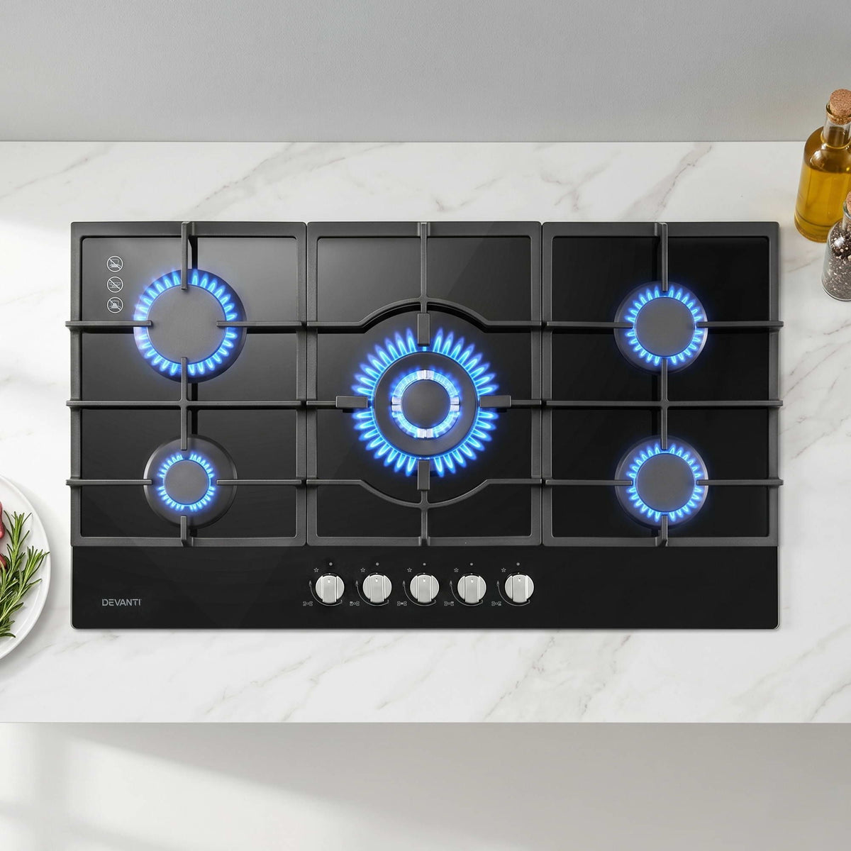 Devanti 90cm 5 Burner Gas Cooktop LPG or Natural Gas Black
