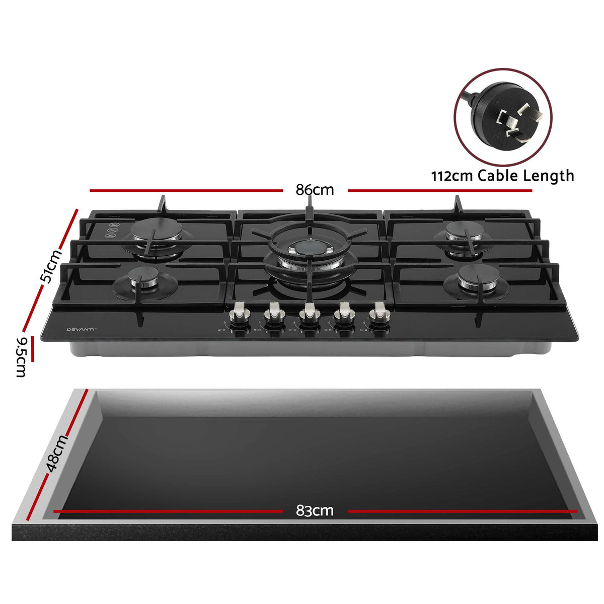 Devanti 90cm 5 Burner Gas Cooktop LPG or Natural Gas Black