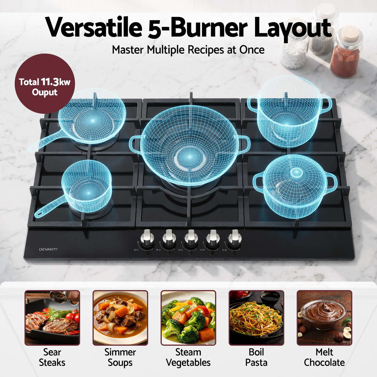 Devanti 90cm 5 Burner Gas Cooktop LPG or Natural Gas Black