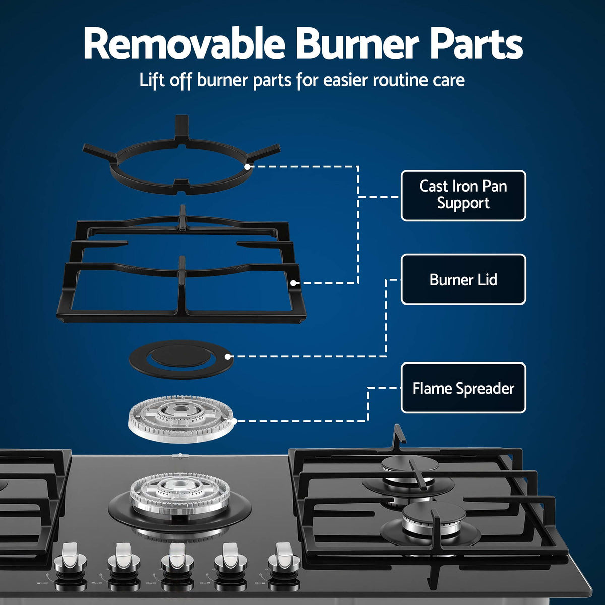 Devanti 90cm 5 Burner Gas Cooktop LPG or Natural Gas Black