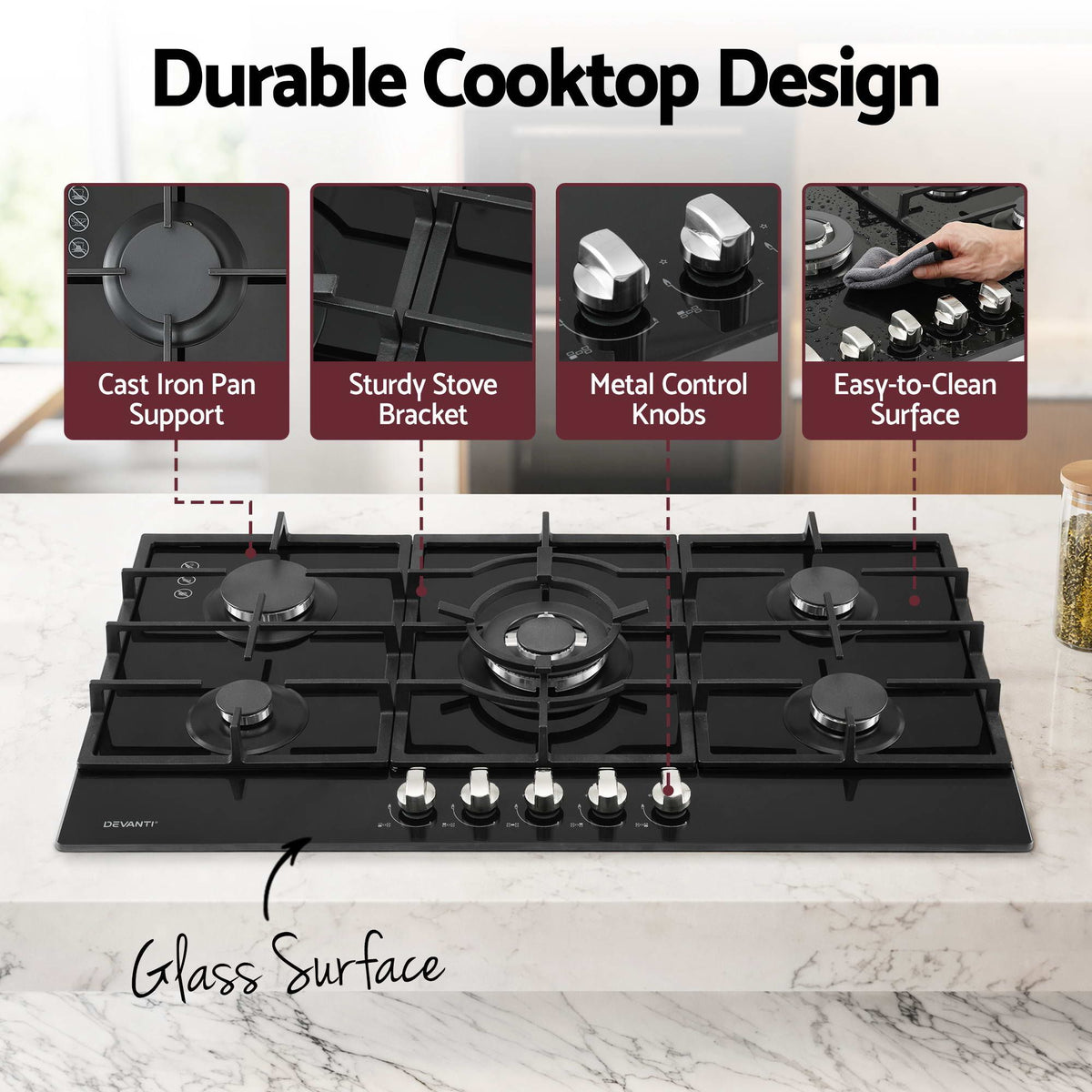 Devanti 90cm 5 Burner Gas Cooktop LPG or Natural Gas Black
