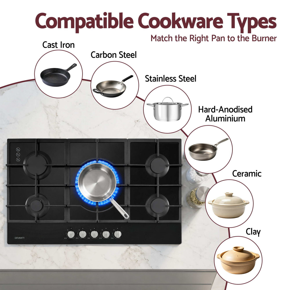 Devanti 90cm 5 Burner Gas Cooktop LPG or Natural Gas Black