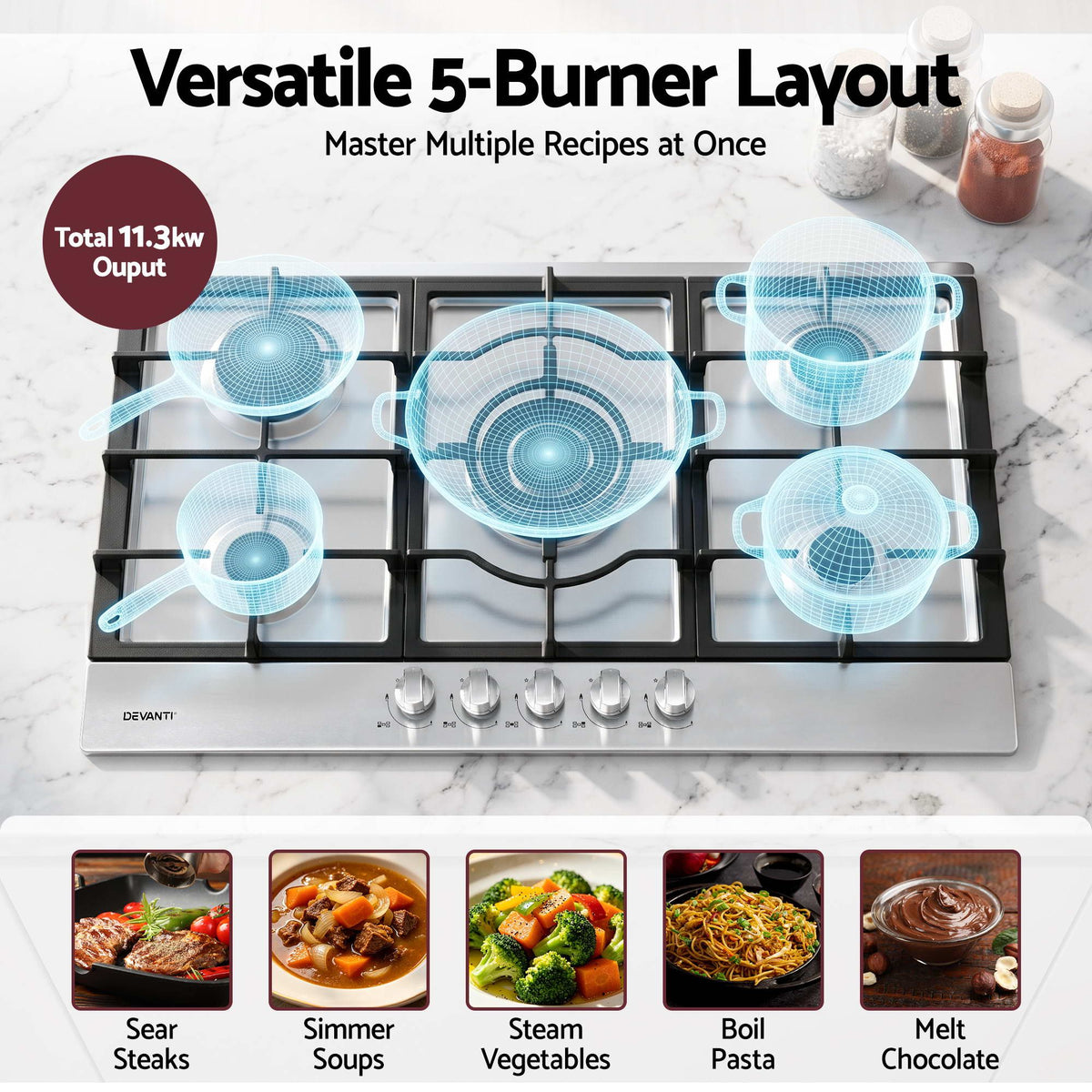 Devanti 90cm 5 Burner Gas Cooktop LPG/NG Silver