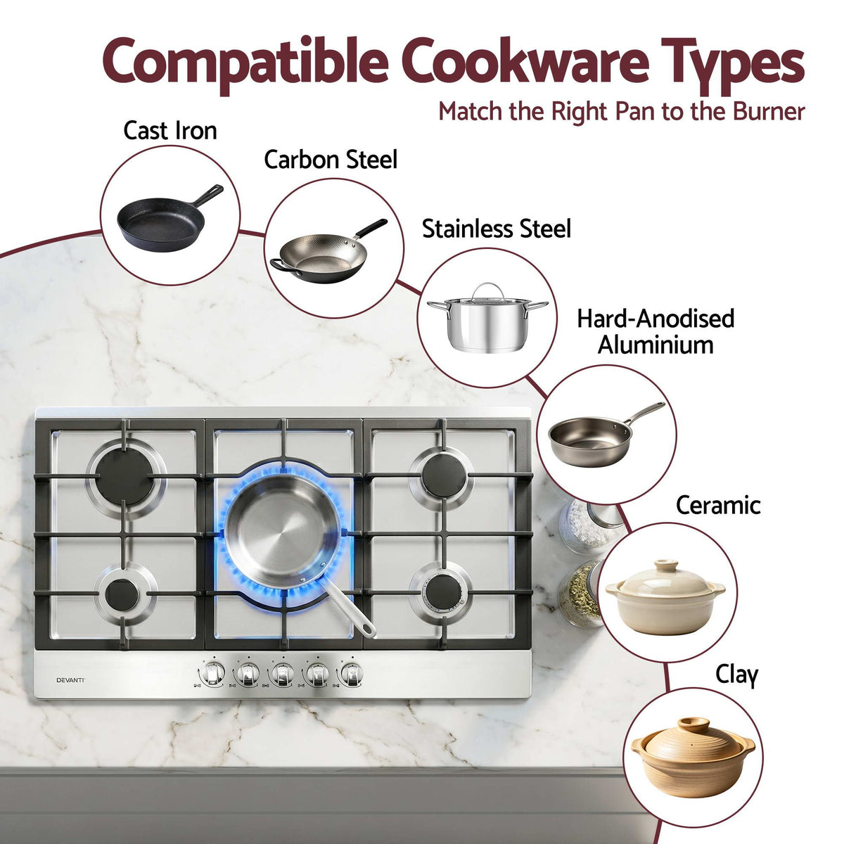 Devanti 90cm 5 Burner Gas Cooktop LPG/NG Silver