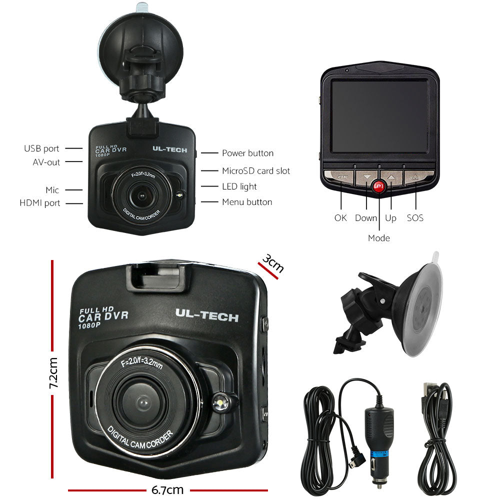 UL-tech 1080P Dash Camera 2.4" Front View Night Vision Black