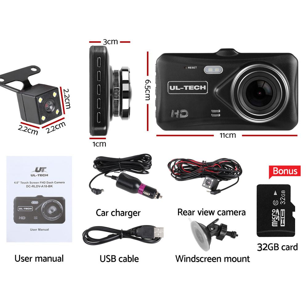 UL-tech 4" 1080P Dual Dash Camera Front Rear View Black